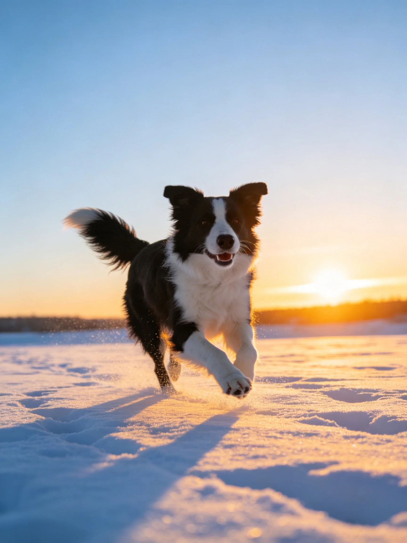 A black and white Border Collie joyfully runs on snow under a setting sun.