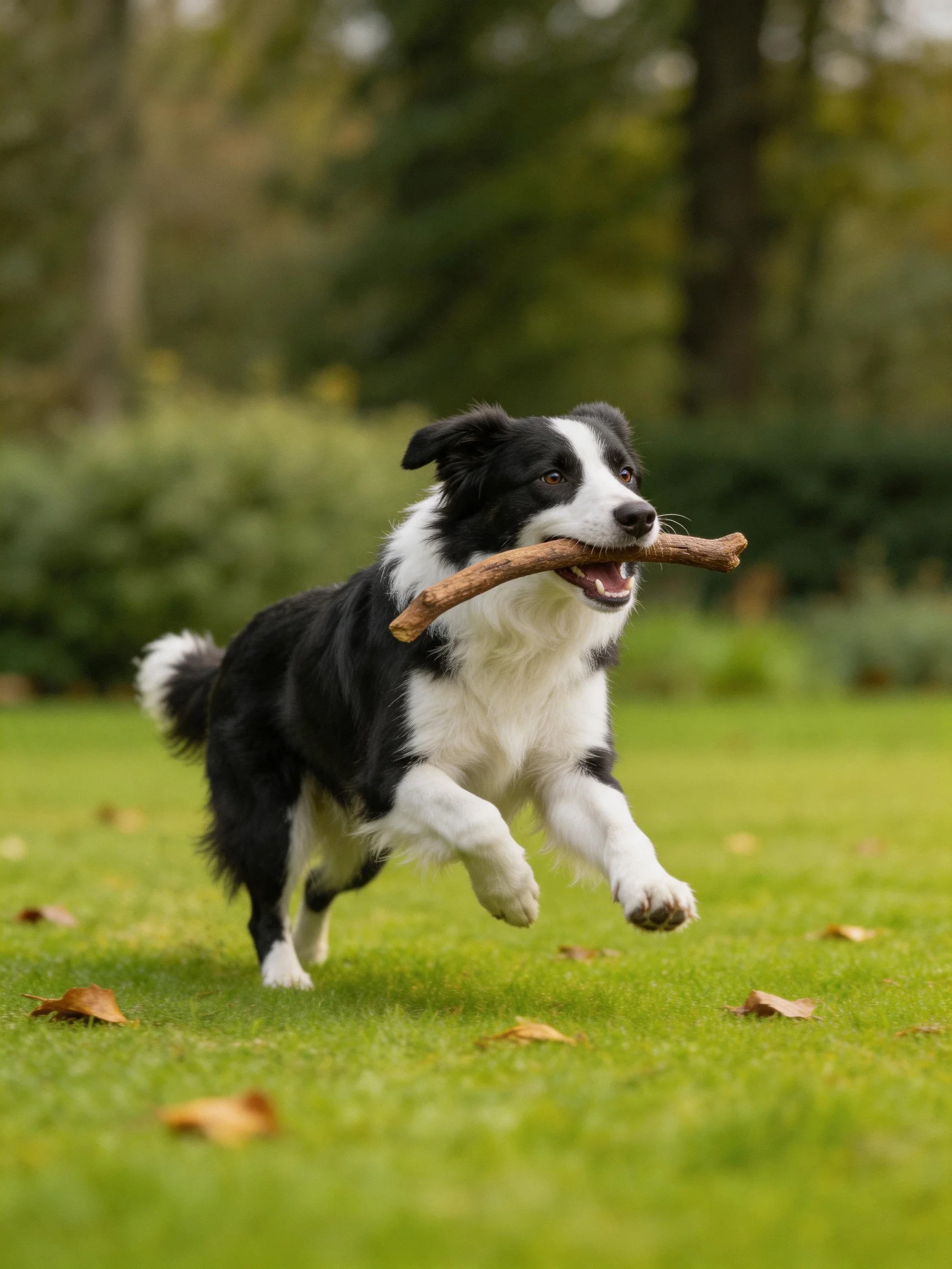 A black and white Border Collie carries a wooden stick while running on green grass.