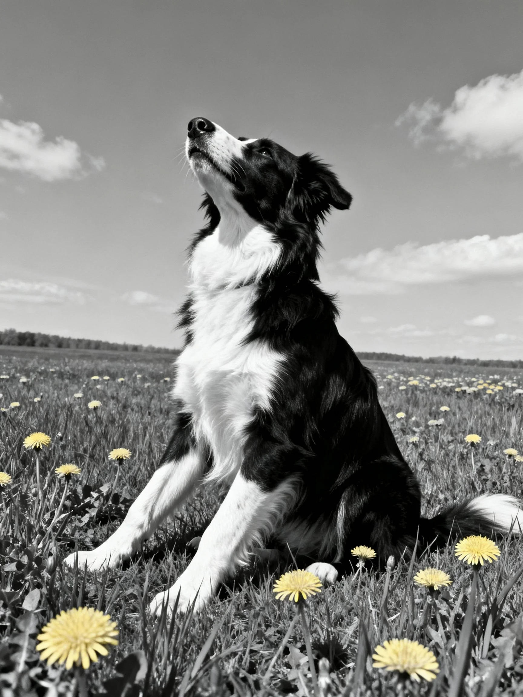 A black and white Border Collie sits in a field of yellow dandelions beneath a partly cloudy sky.