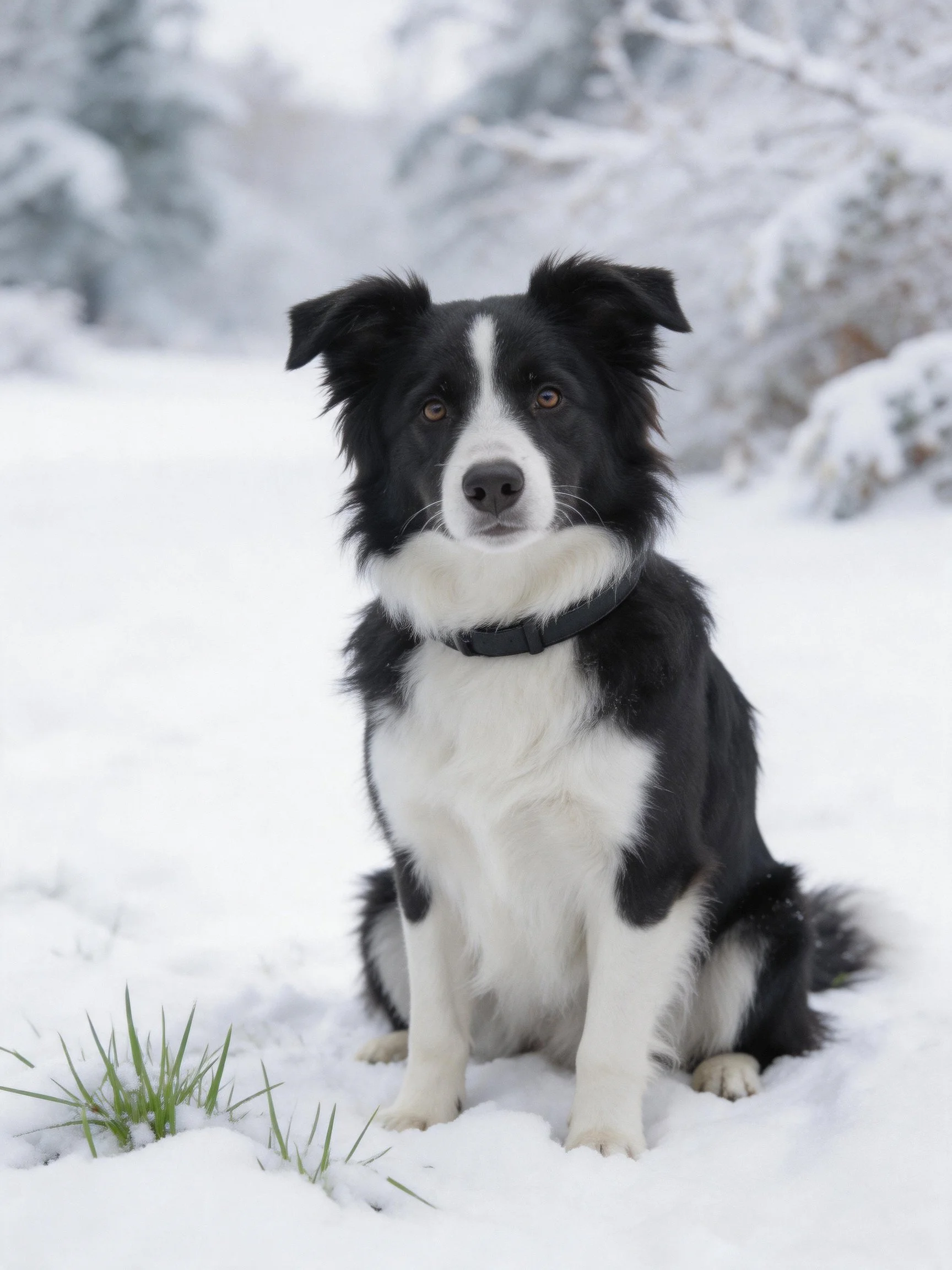 A black and white Border Collie sits calmly in a snowy outdoor setting.