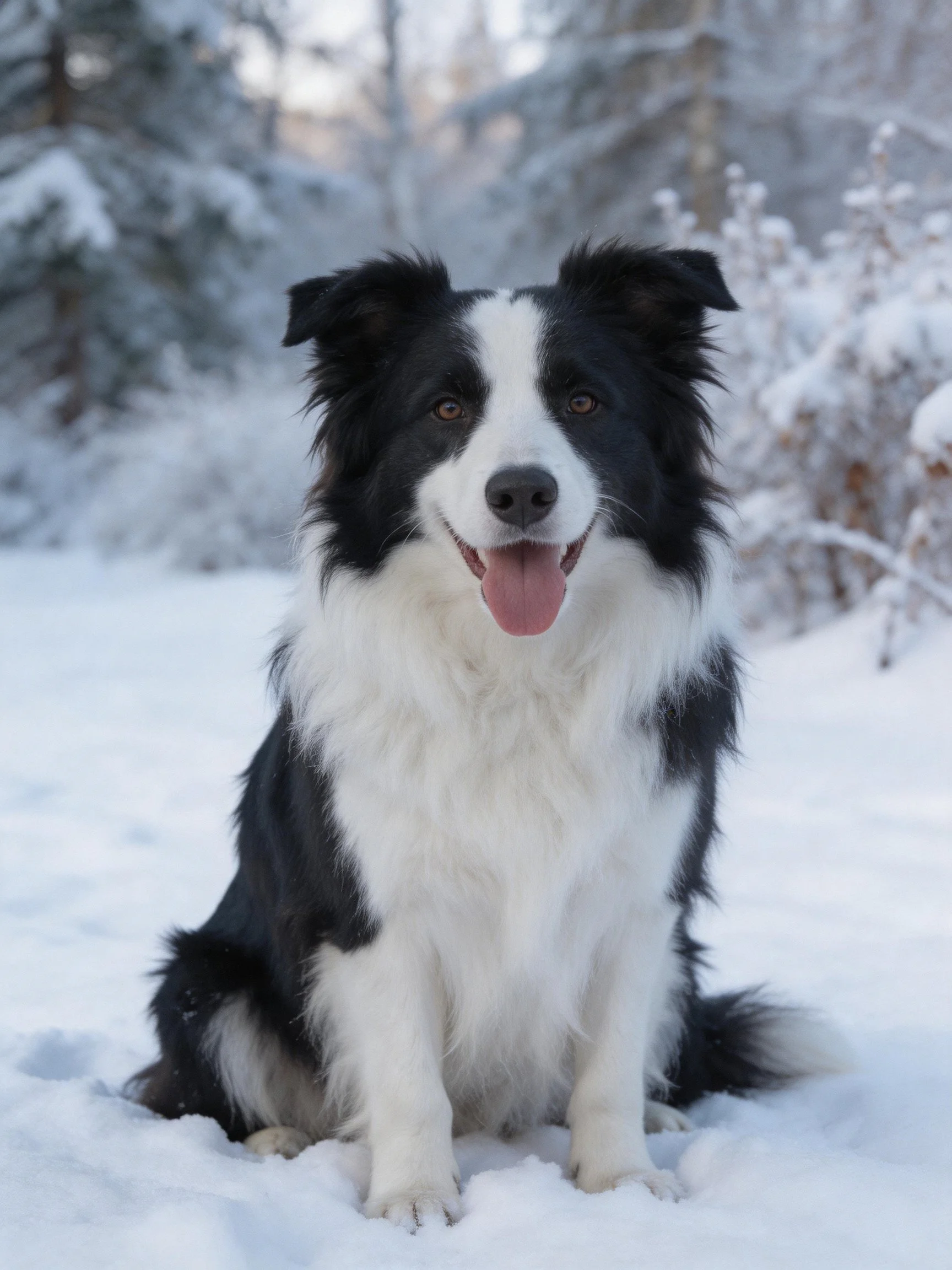 A black and white Border Collie sits contentedly in a snowy environment.