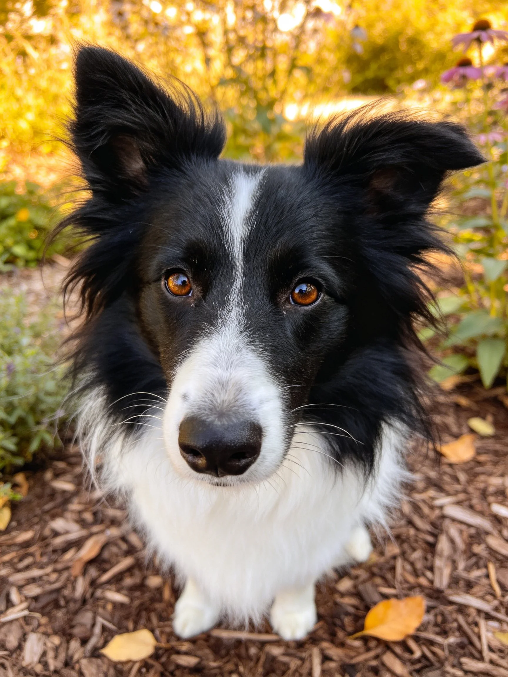 A black and white Border Collie looks toward the camera in a garden setting
