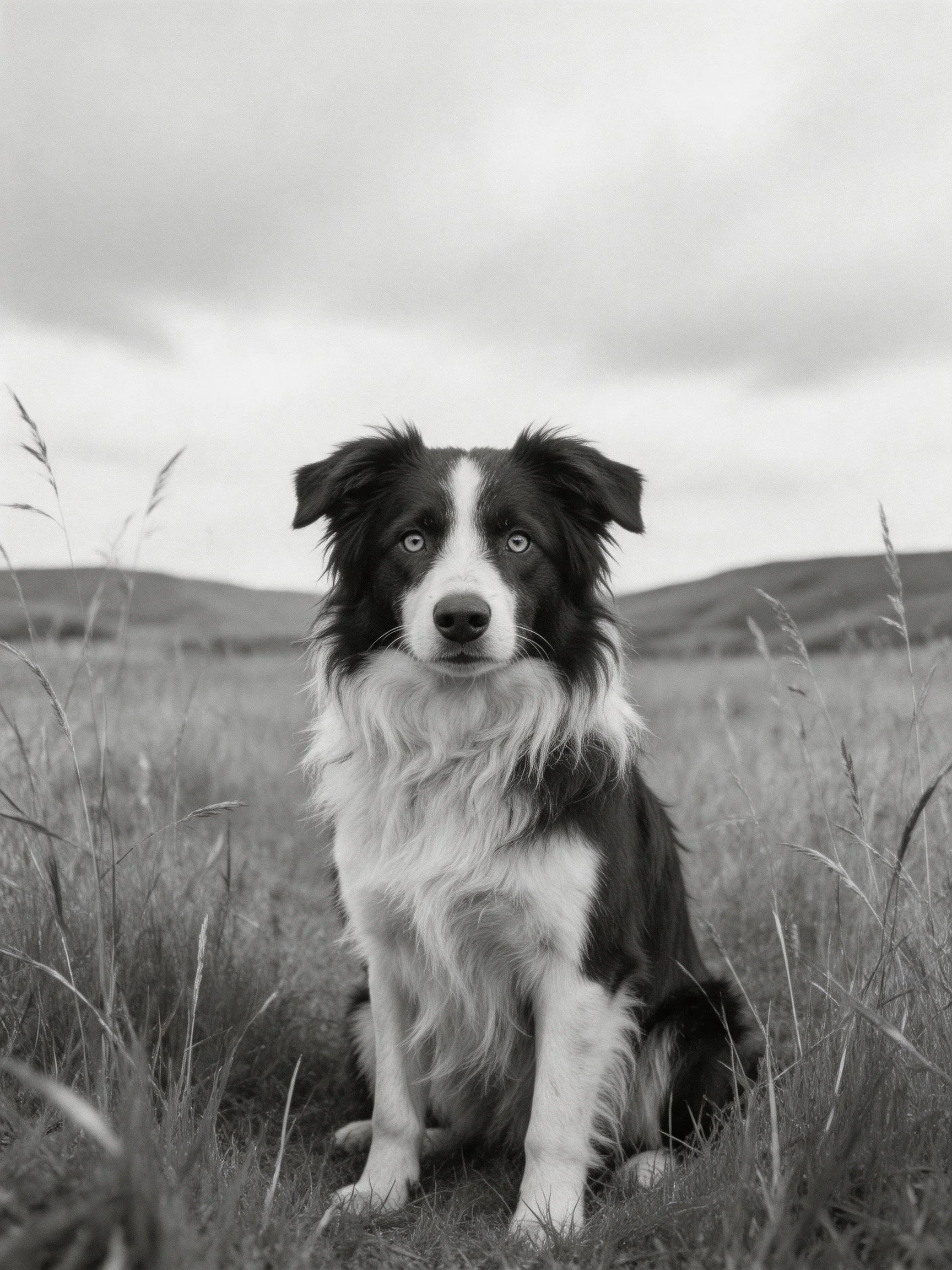 A black and white Border Collie sits in a grassy field with rolling hills in the distance.
