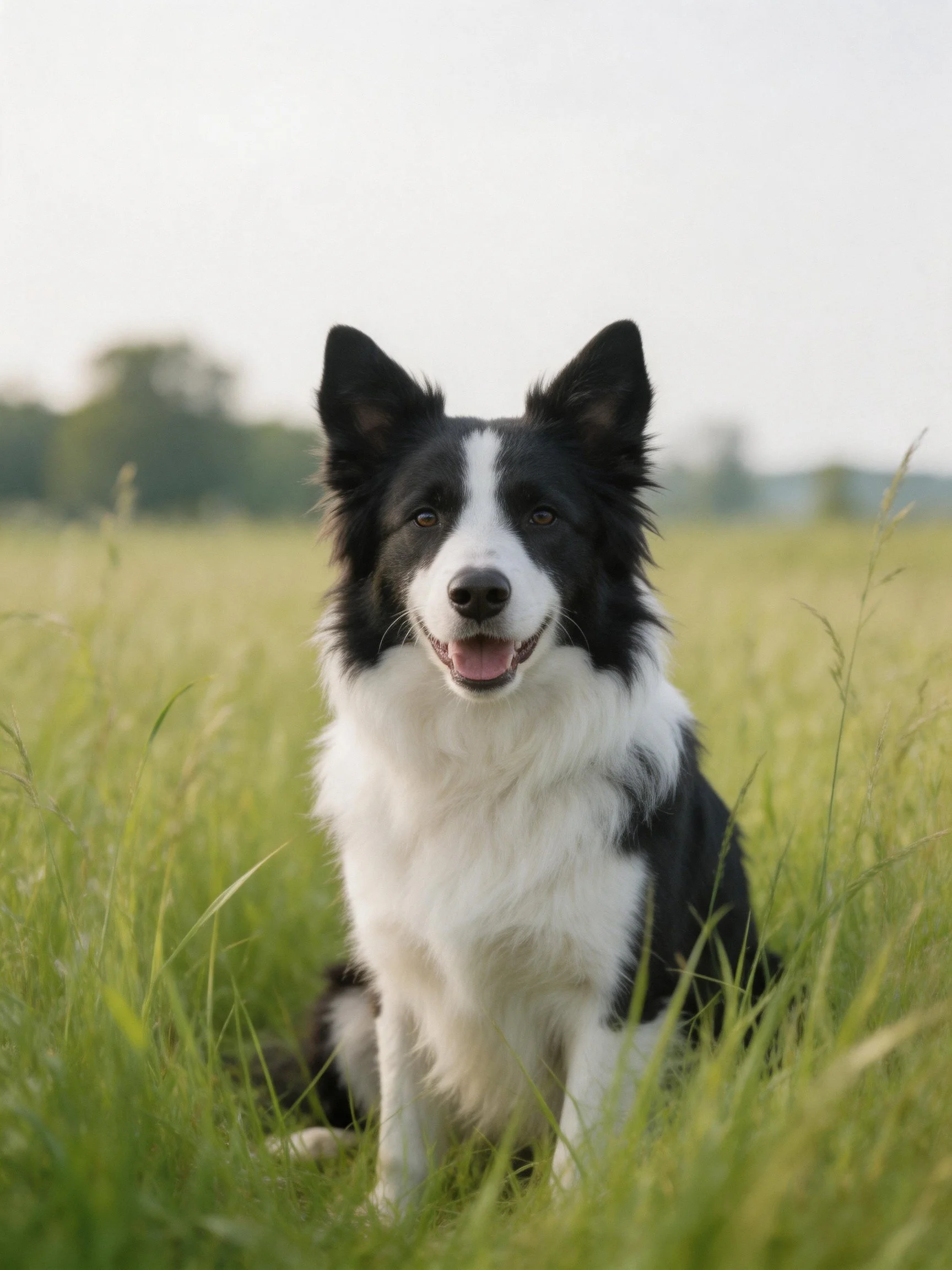 A black and white Border Collie sits calmly in a grassy meadow.
