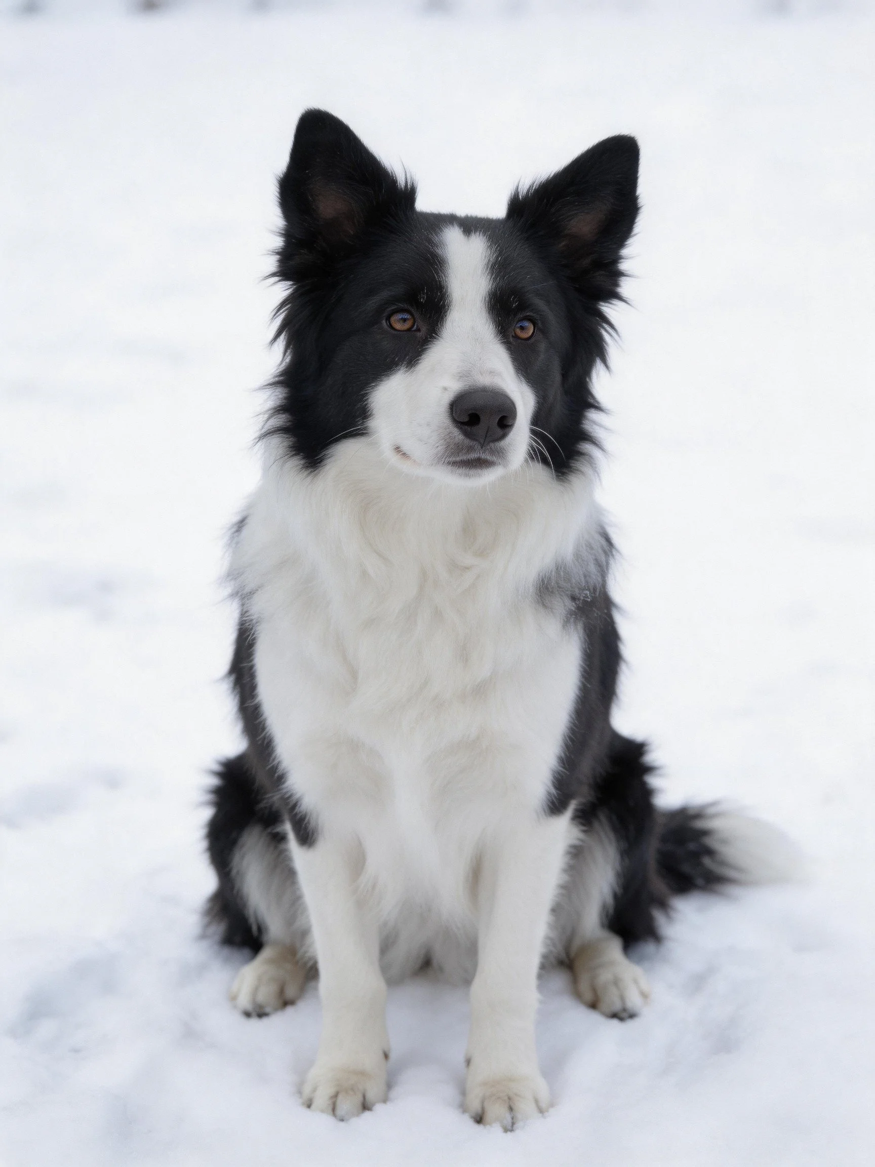 A black and white Border Collie sits calmly in a snowy environment