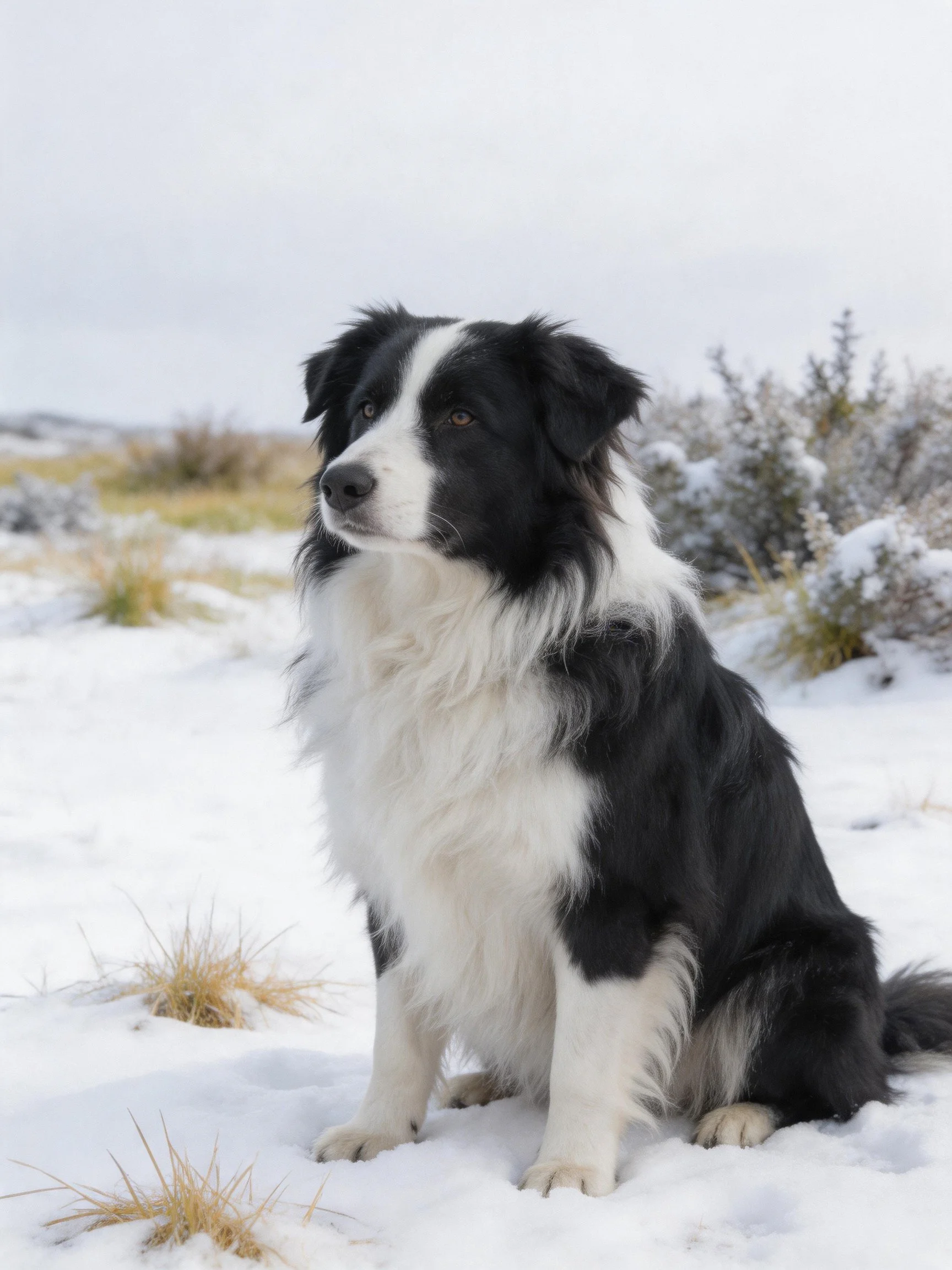 A black and white Border Collie sits calmly amid snow and shrubs.