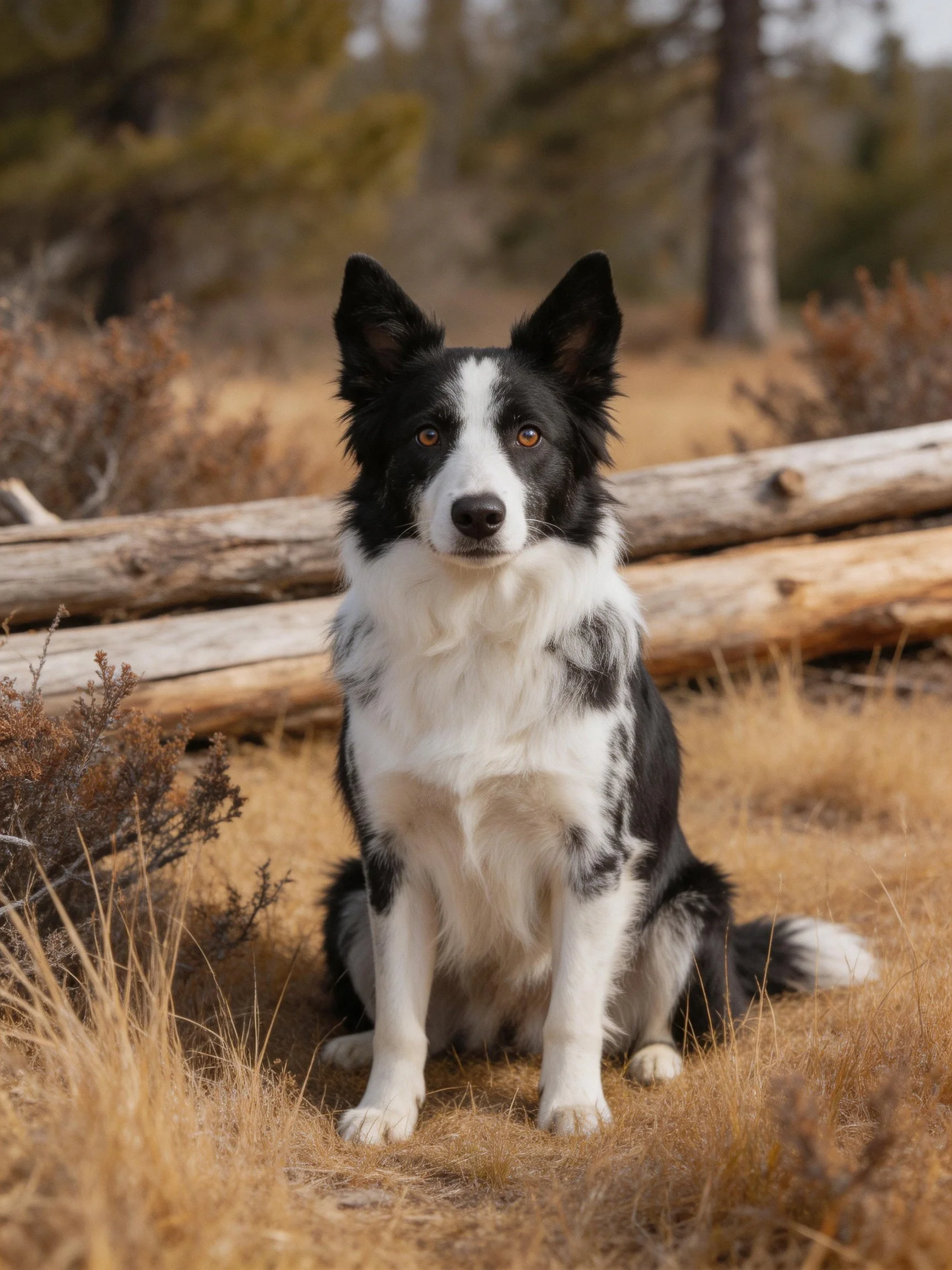 A black and white Border Collie sits calmly in a dry, area