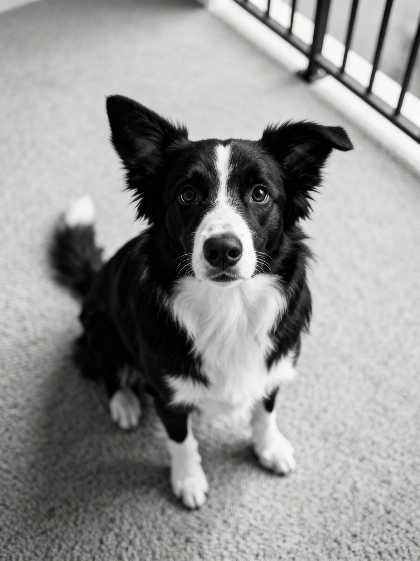 A black and white Border Collie sits on a carpet near a railing.