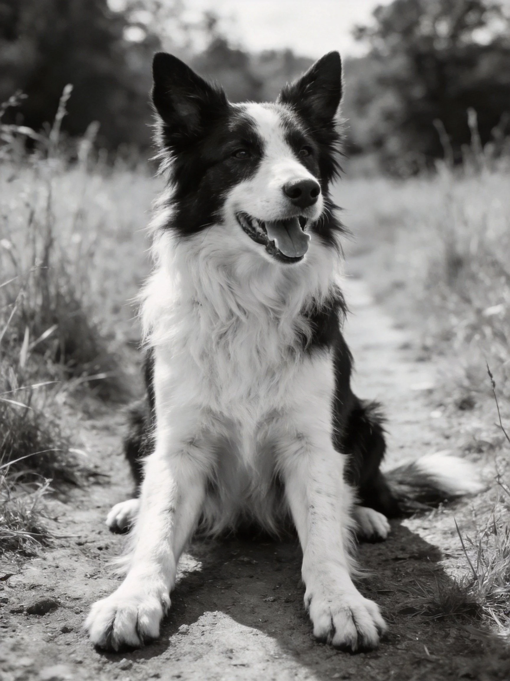 A black and white Border Collie sits calmly on a dirt path in nature.