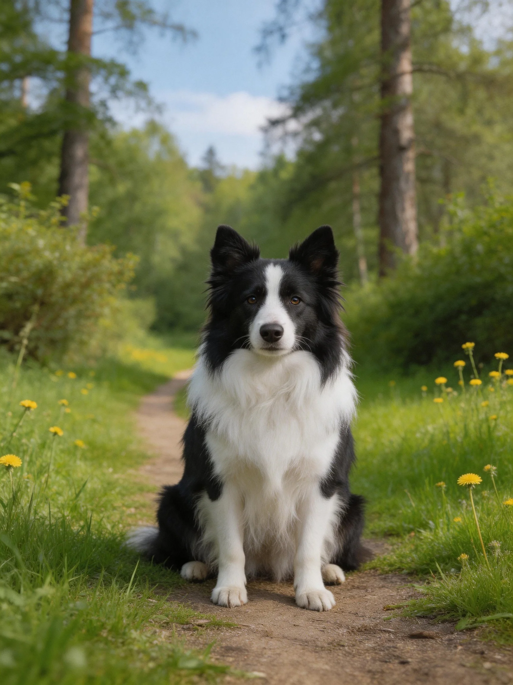 A black and white Border Collie sits calmly among greenery and wildflowers on a dirt path.
