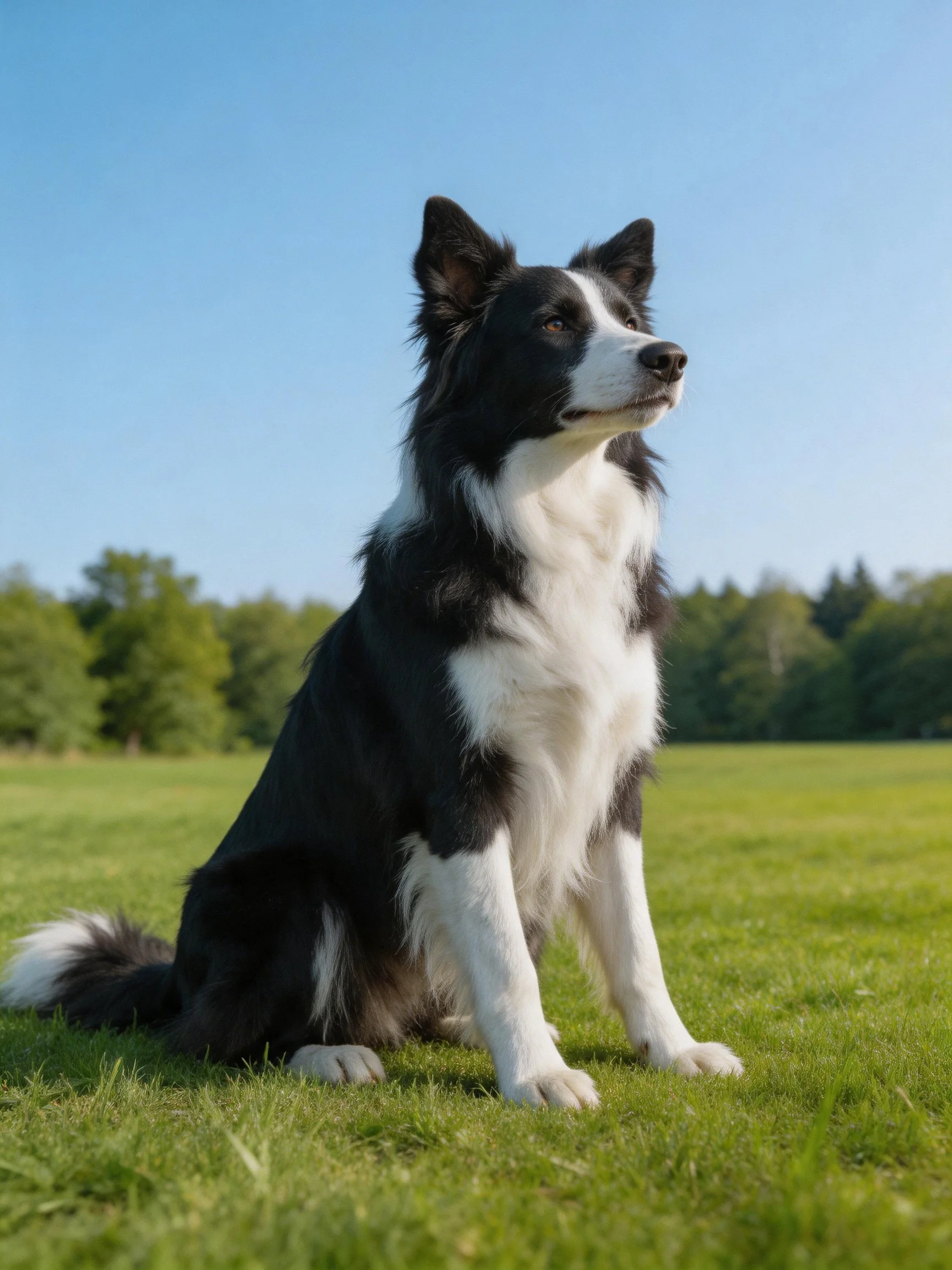 A black and white Border Collie sits attentively on grass with trees and sky