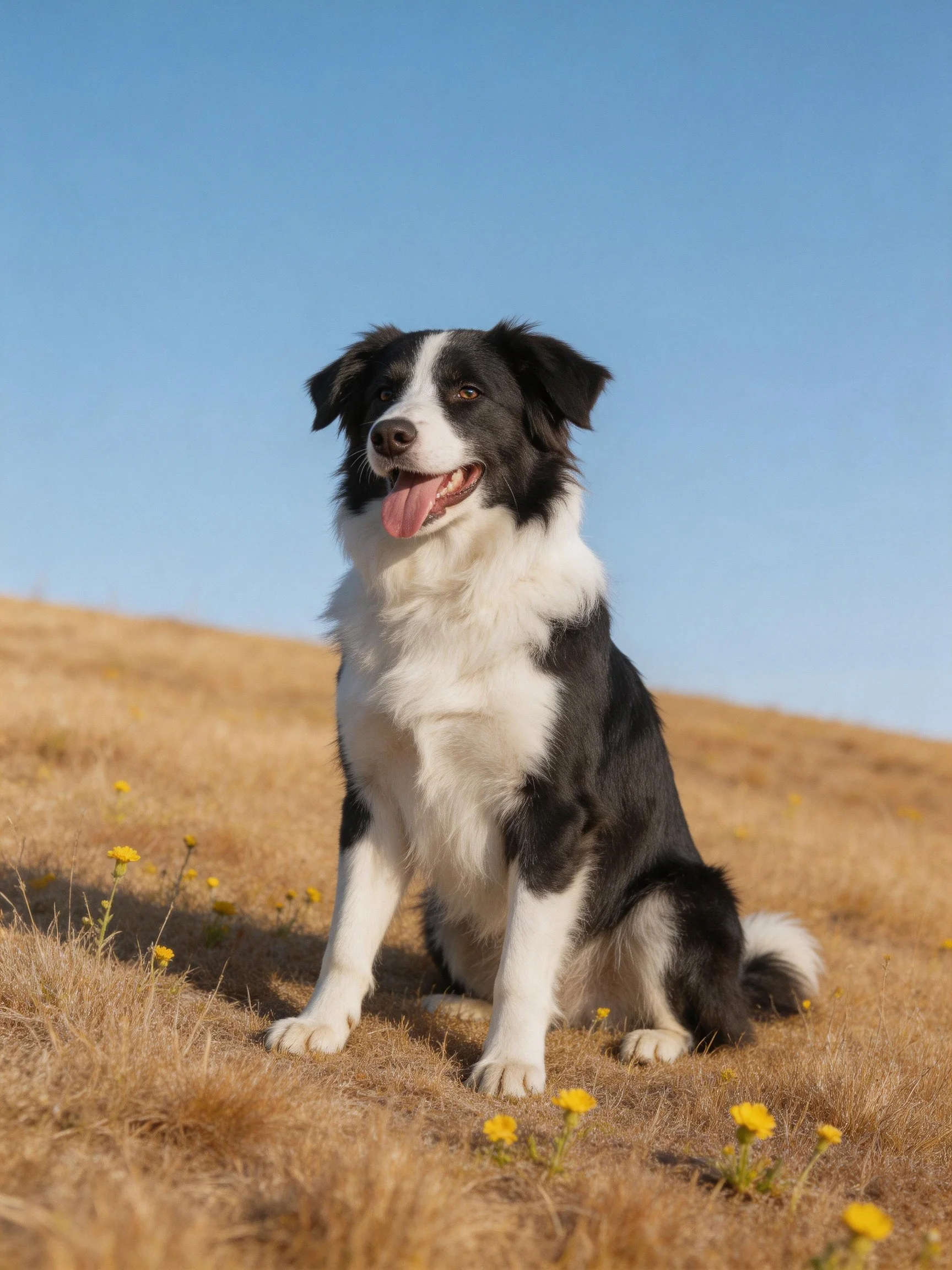 A black and white Border Collie sits on a sunlit hillside.