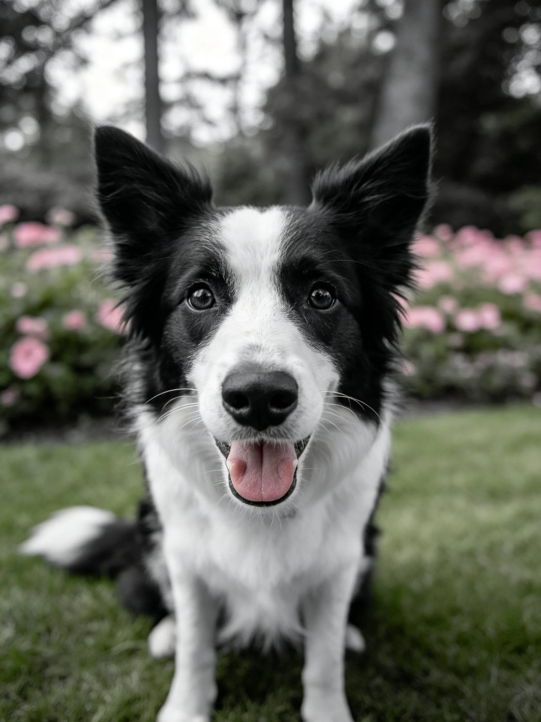 A black and white Border Collie sits happily on grass with pink flowers in the background.