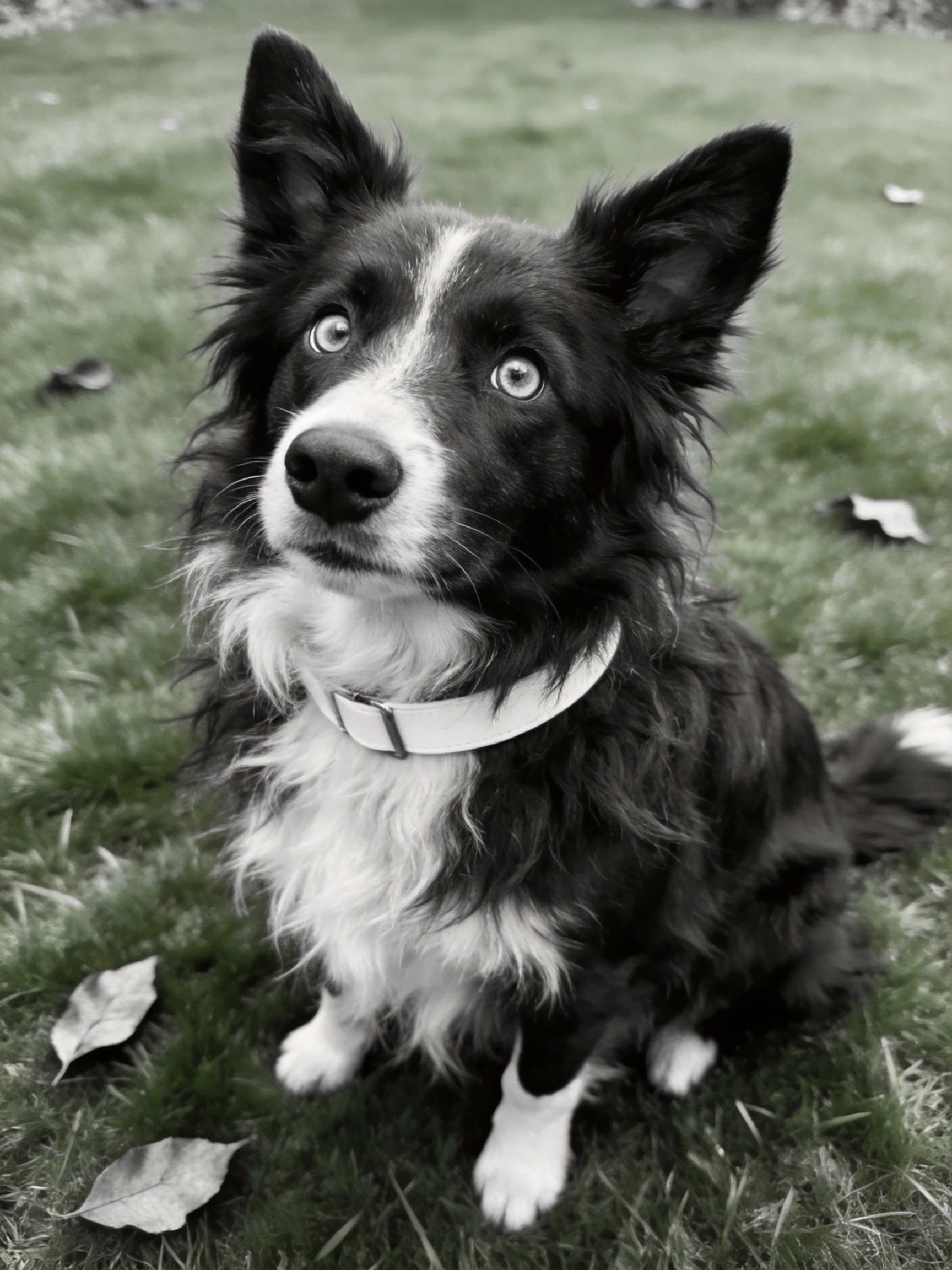 A black and white Border Collie sits on grass amid scattered leaves