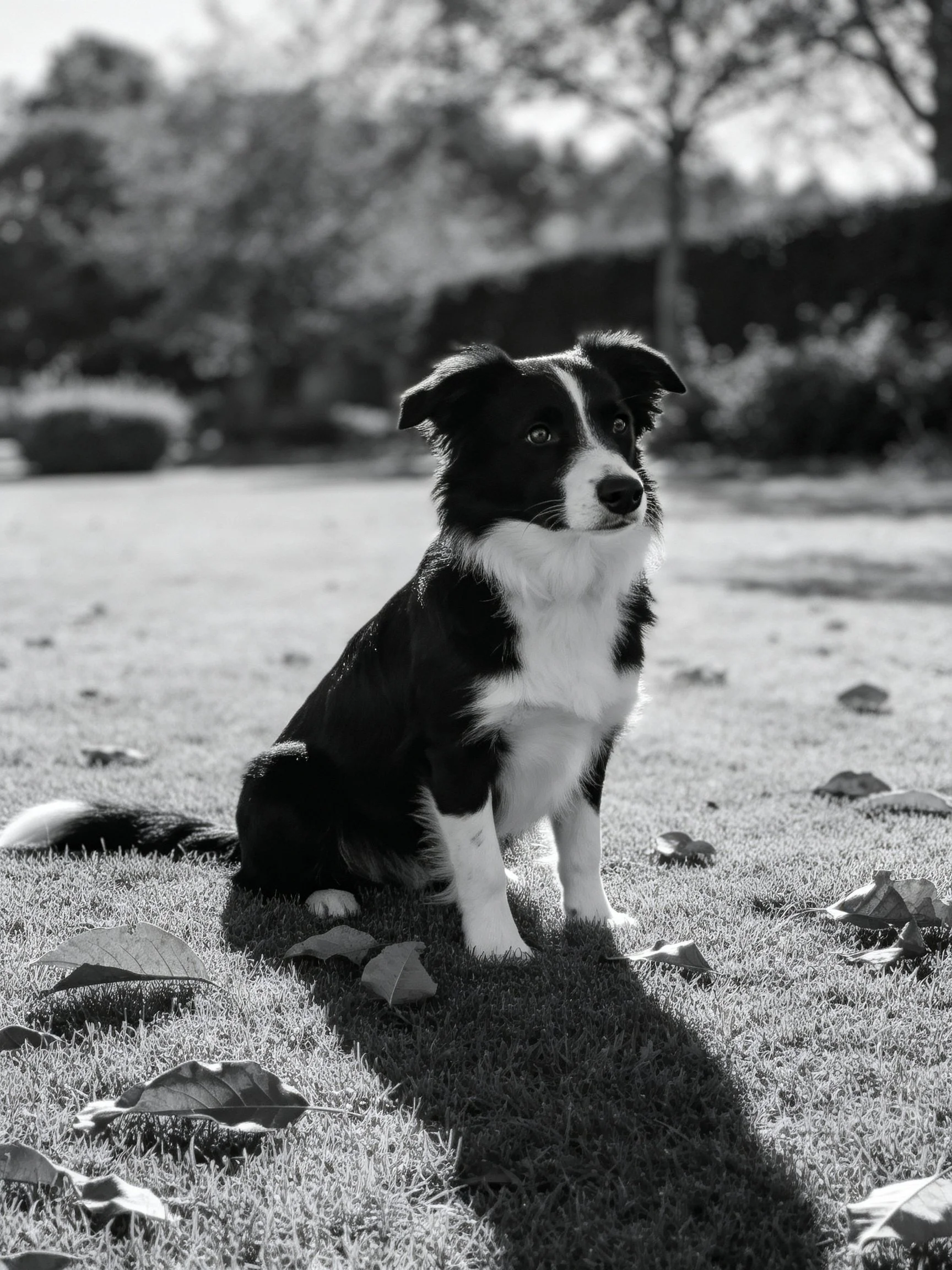 A black and white Border Collie sits calmly among fallen leaves on grass.