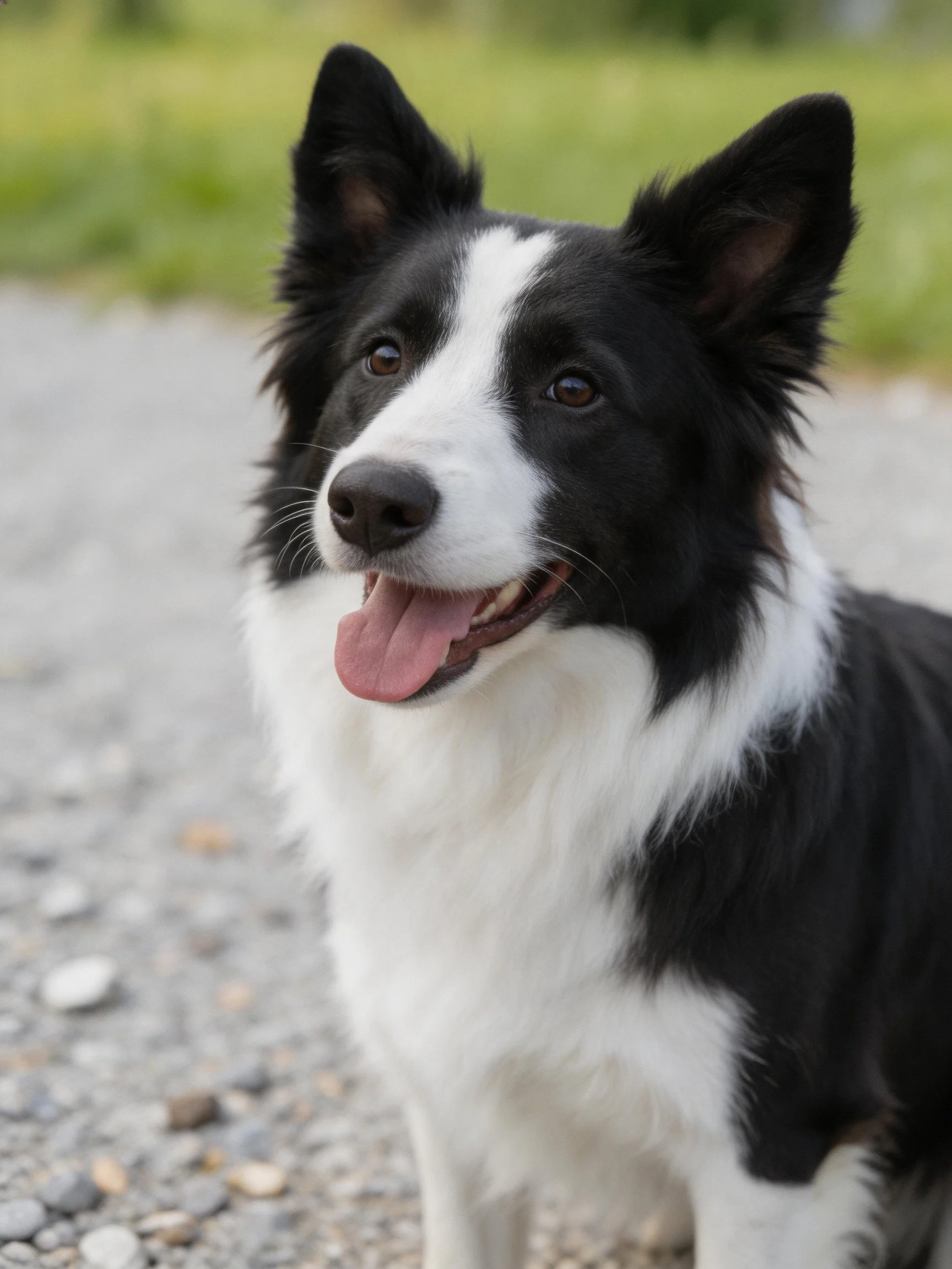 A black and white Border Collie sits on gravel outdoors