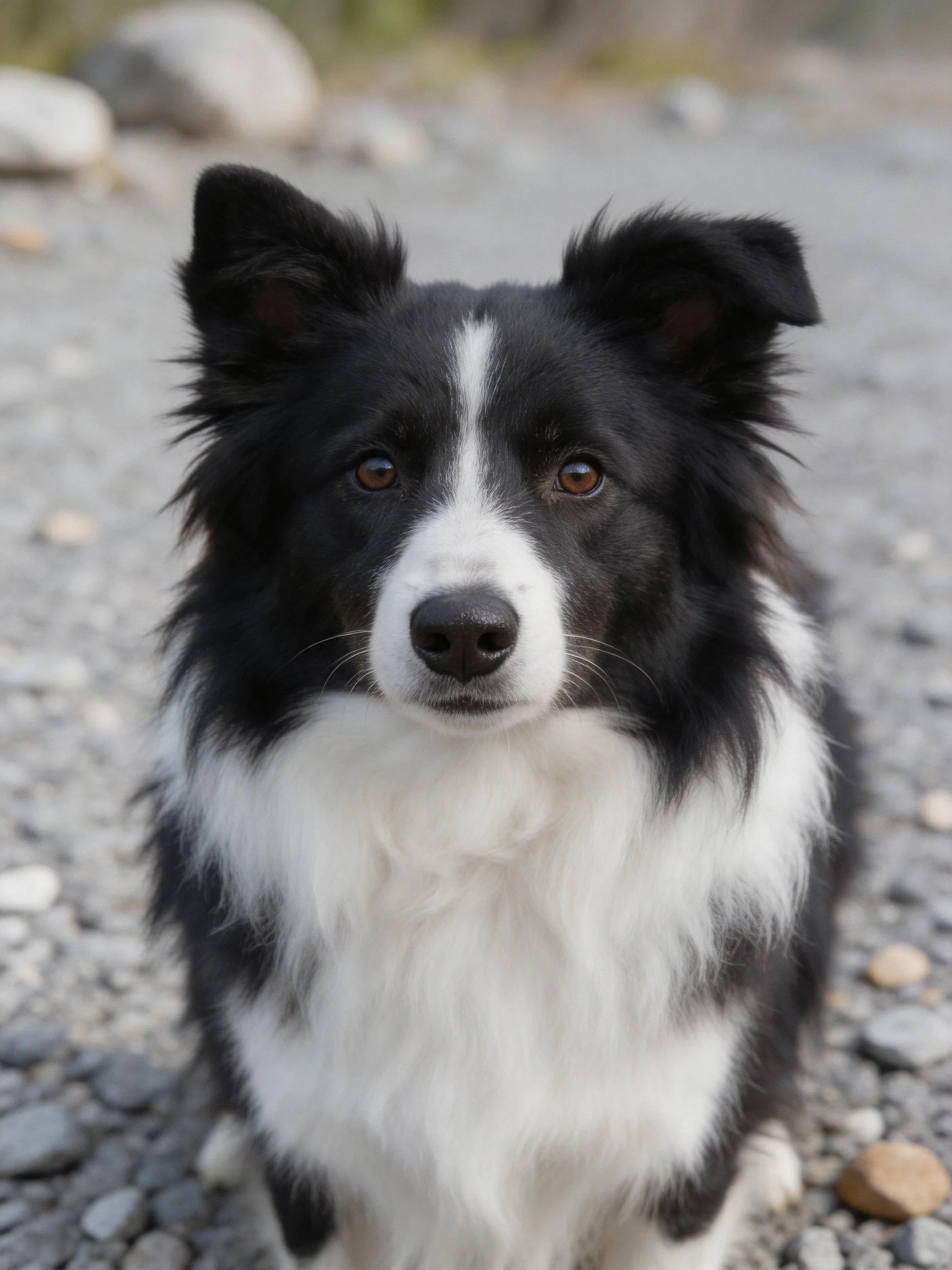 A black and white Border Collie sits calmly on gravel amid scattered stones.