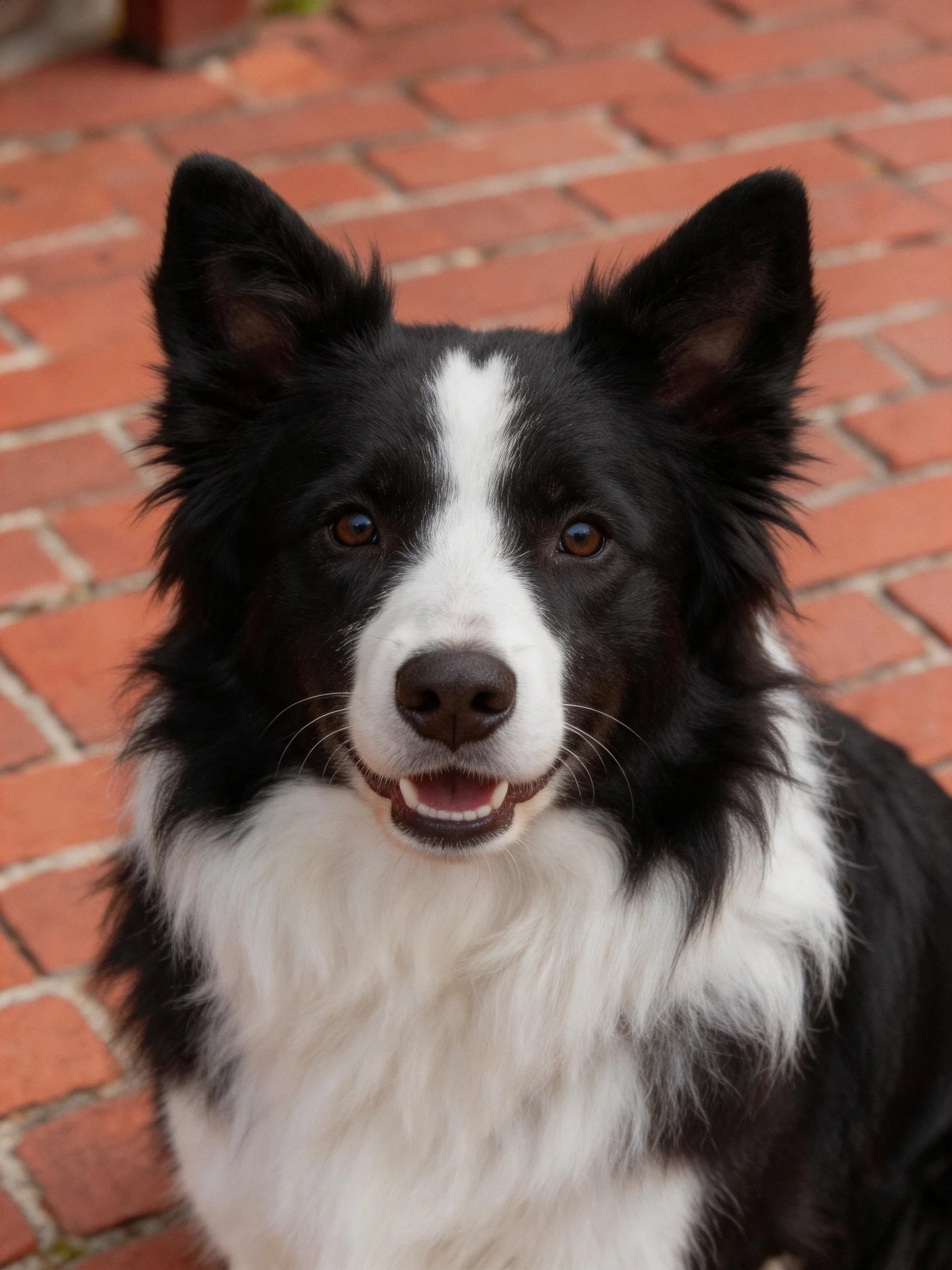 A black and white Border Collie sits calmly among reddish-brown bricks.