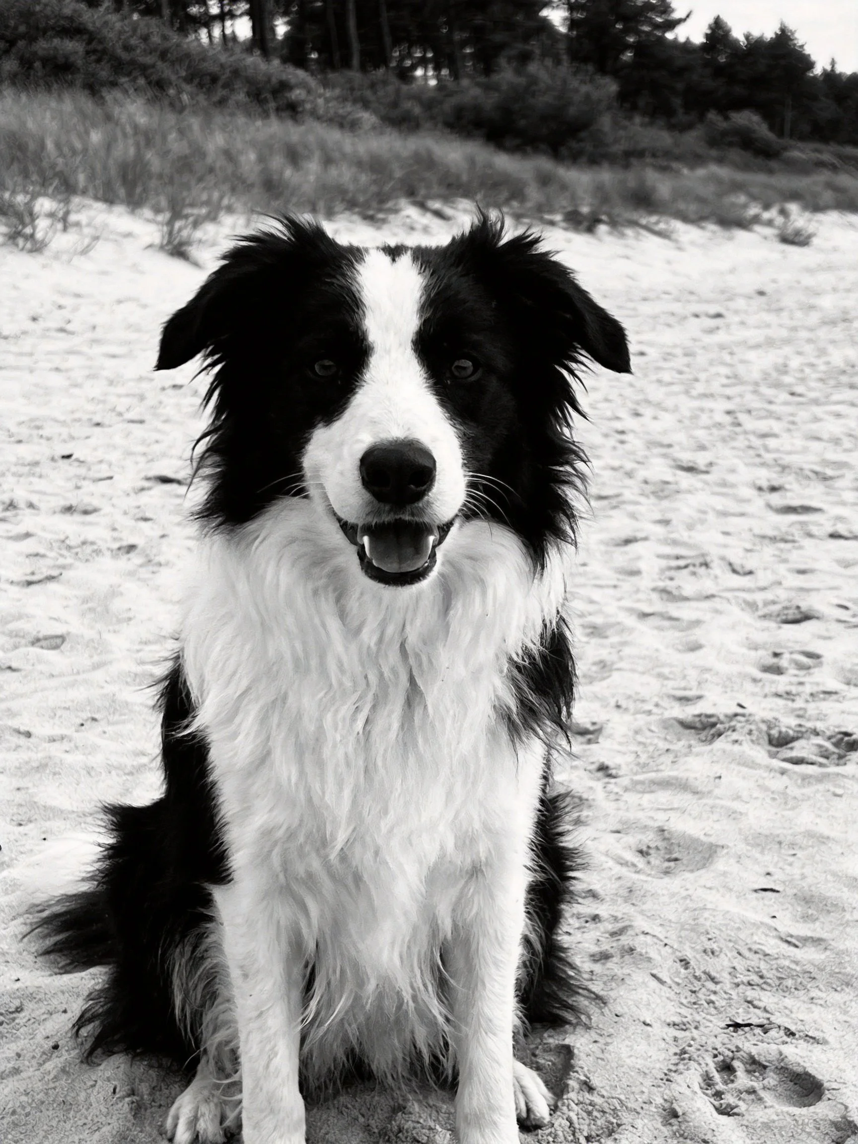 A black and white Border Collie sits calmly on sandy ground amid natural surroundings.