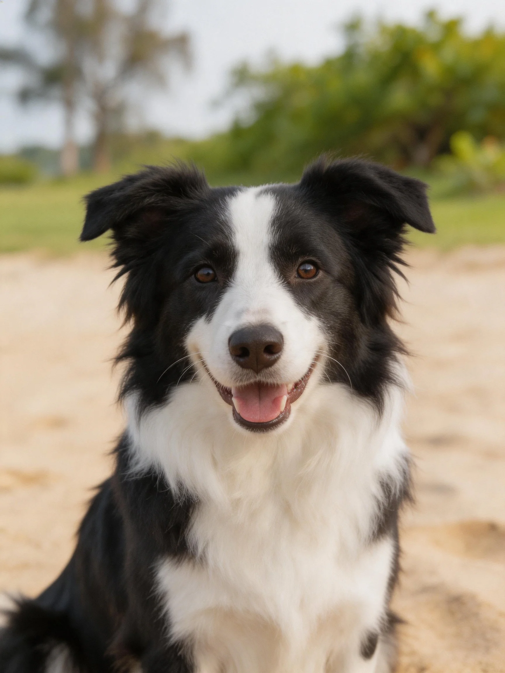 A black and white Border Collie sits happily on sandy ground amid an outdoor setting.