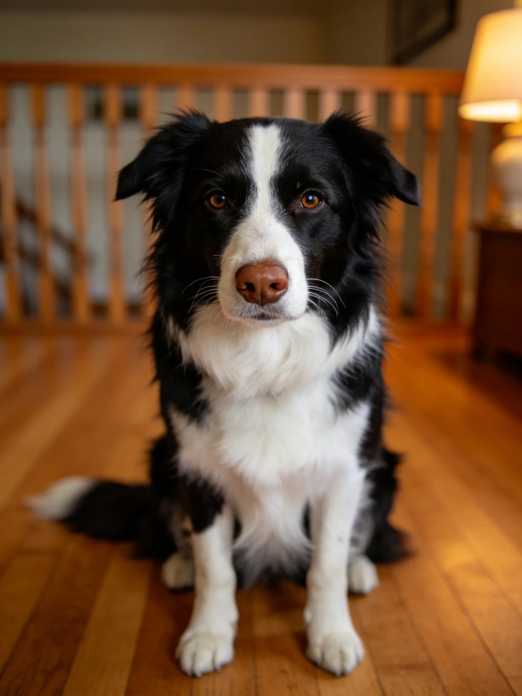 A black and white dog sits on wooden flooring indoors