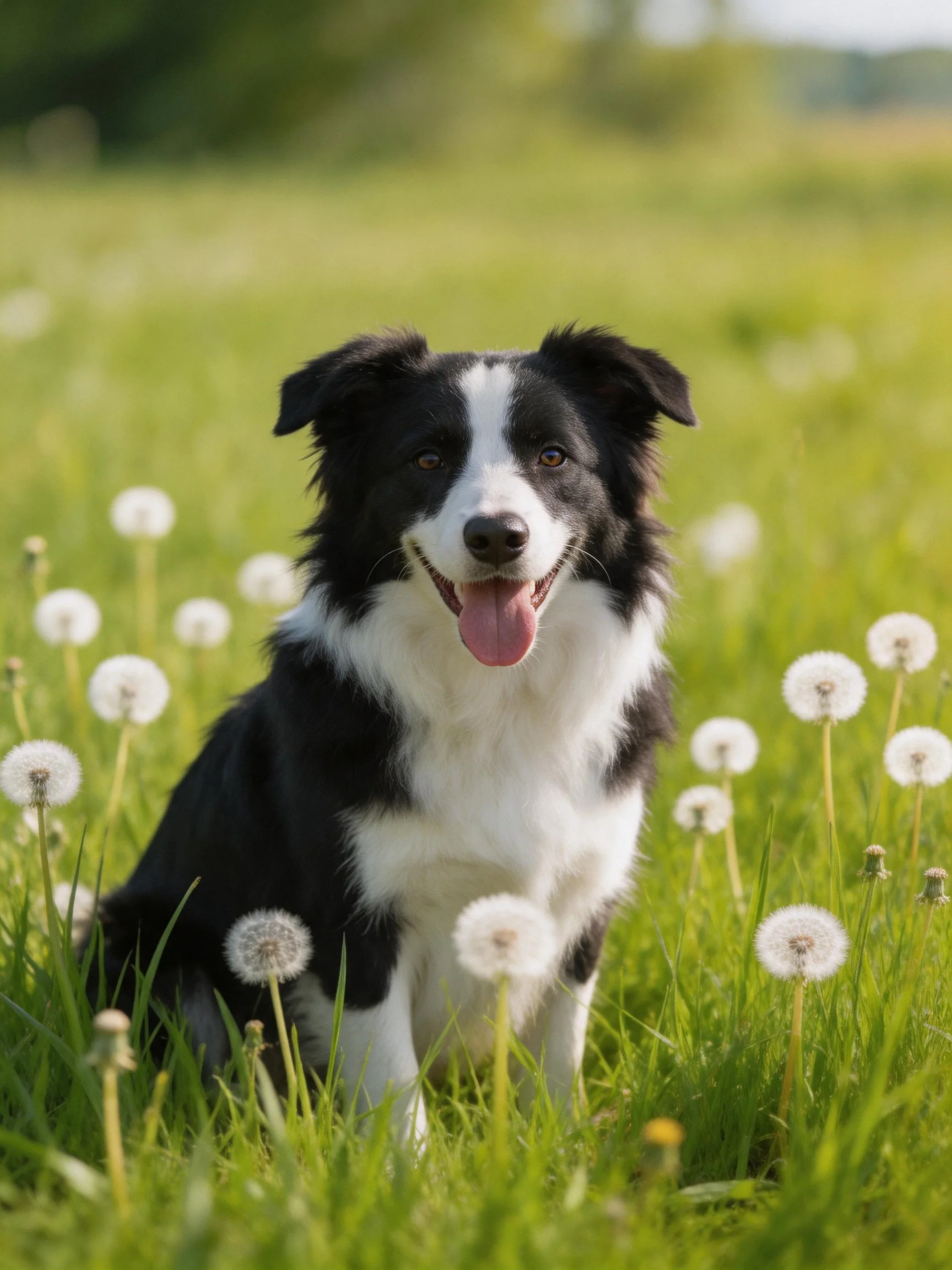 A black and white Border Collie sits contentedly among dandelions in a sunlit meadow.
