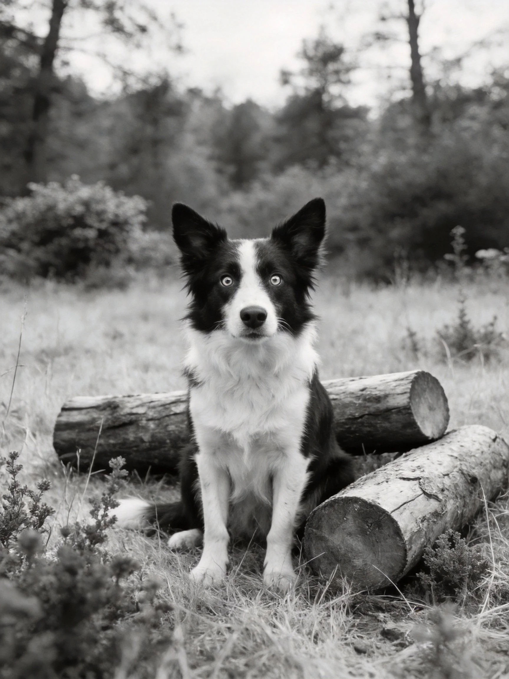 A black and white dog sits near logs in a grassy, wooded outdoor setting.