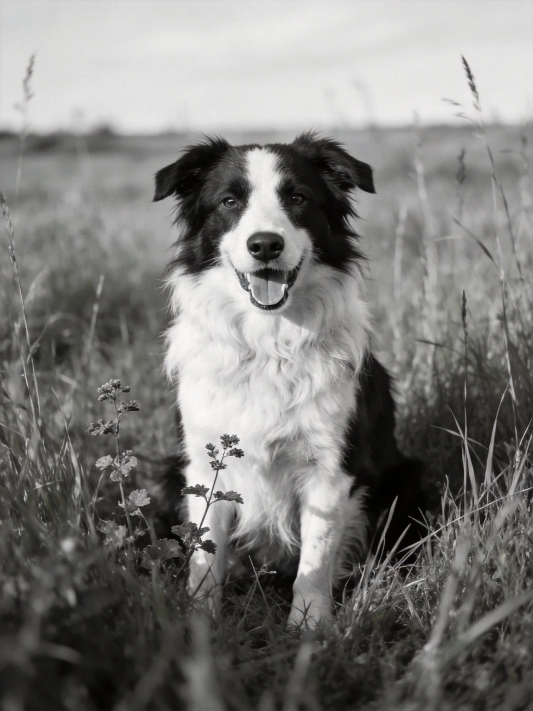A black and white Border Collie sits in a grassy field with tall vegetation.