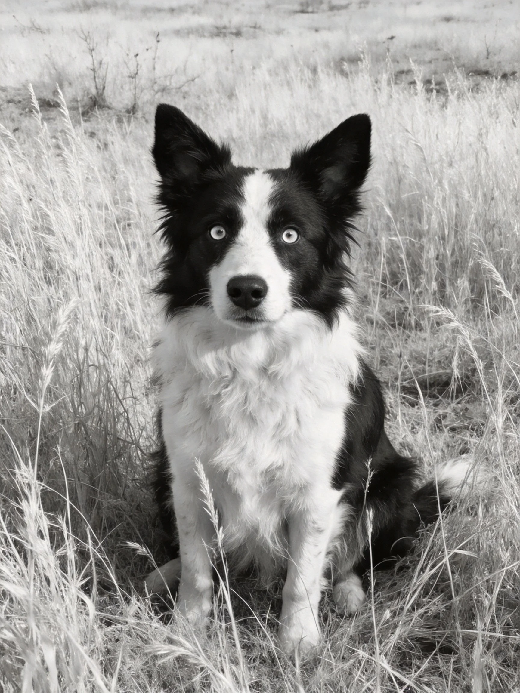 A black and white Border Collie sits calmly in tall grass.