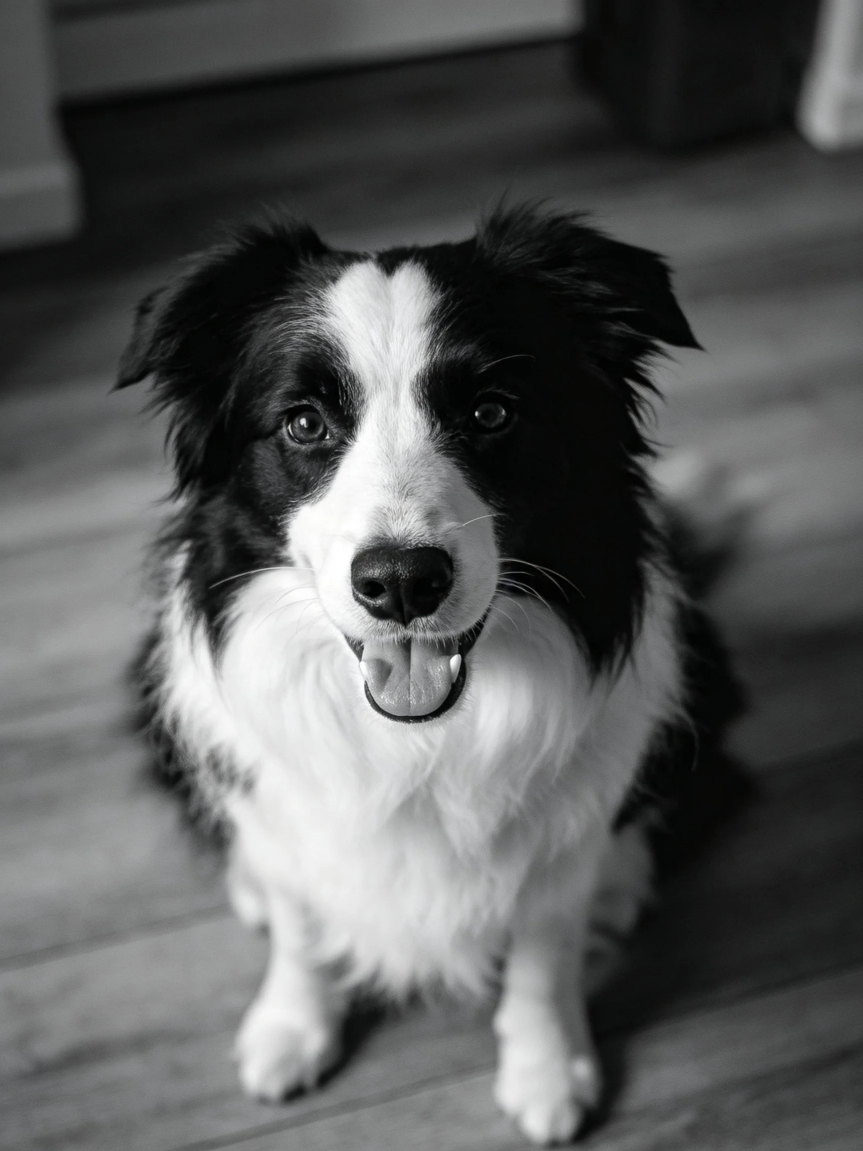 A black and white Border Collie sits happily on a wooden floor.