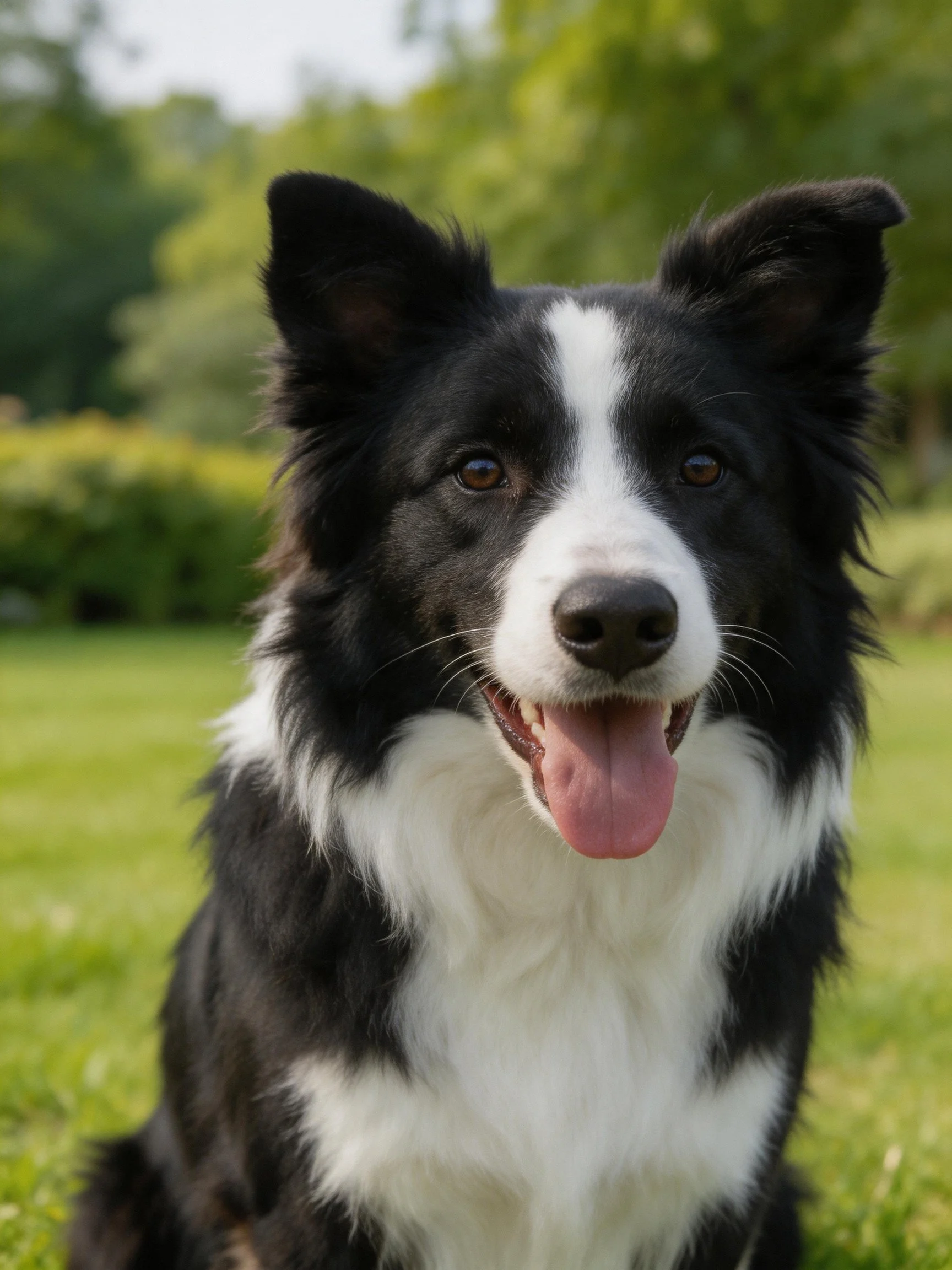 A black and white Border Collie sits happily on green grass.