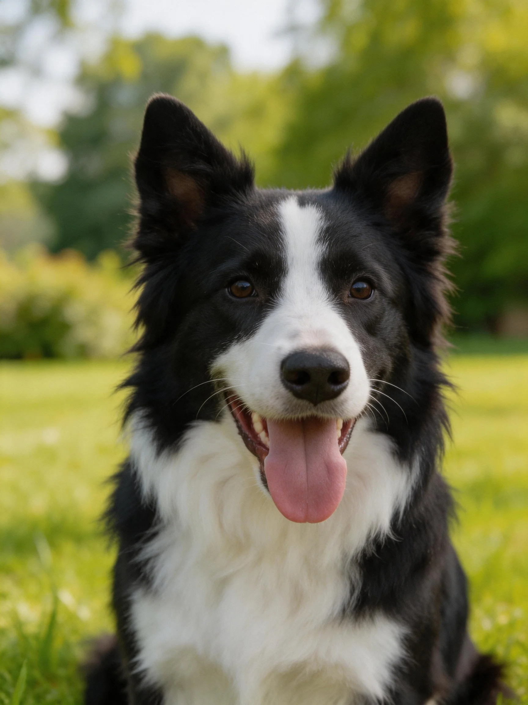 A black and white Border Collie sits happily on green grass.
