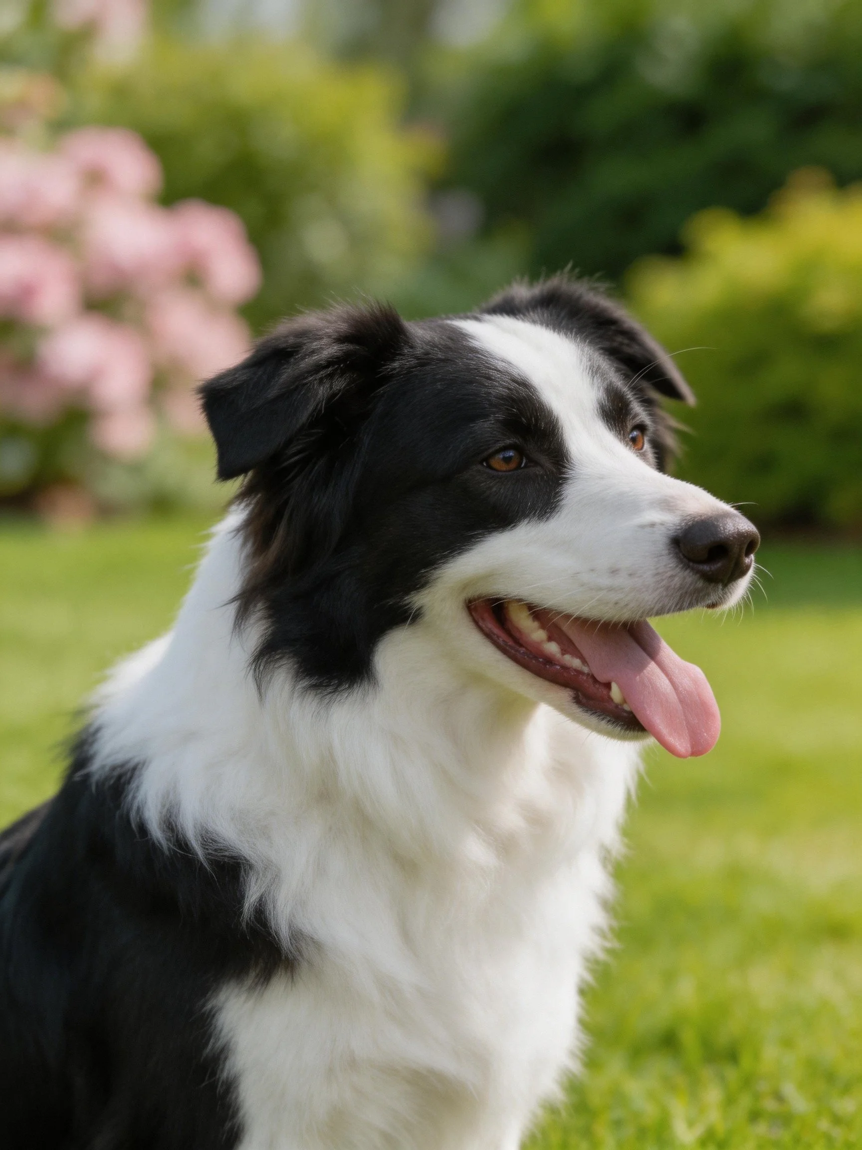A black and white Border Collie relaxes in a sunlit garden setting.