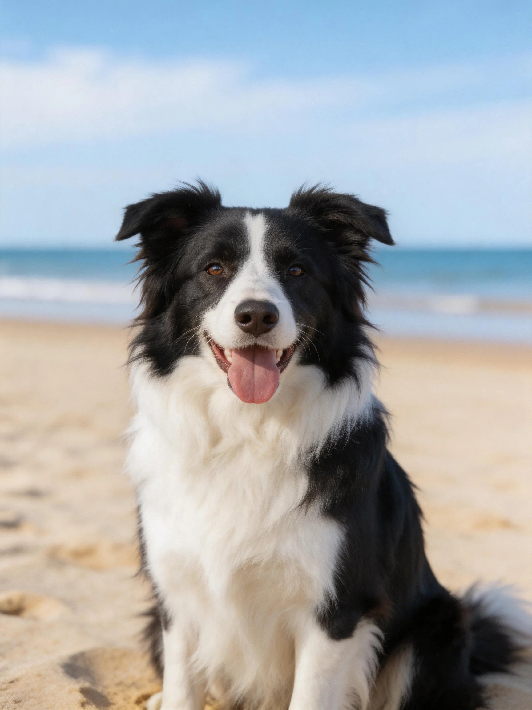 A black and white Border Collie sits on a sandy beach by the ocean.