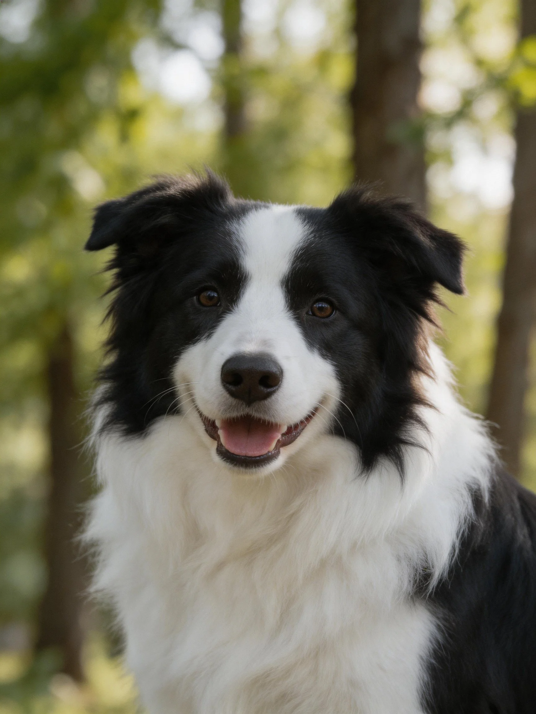 A black and white Border Collie smiles cheerfully in a forested environment.