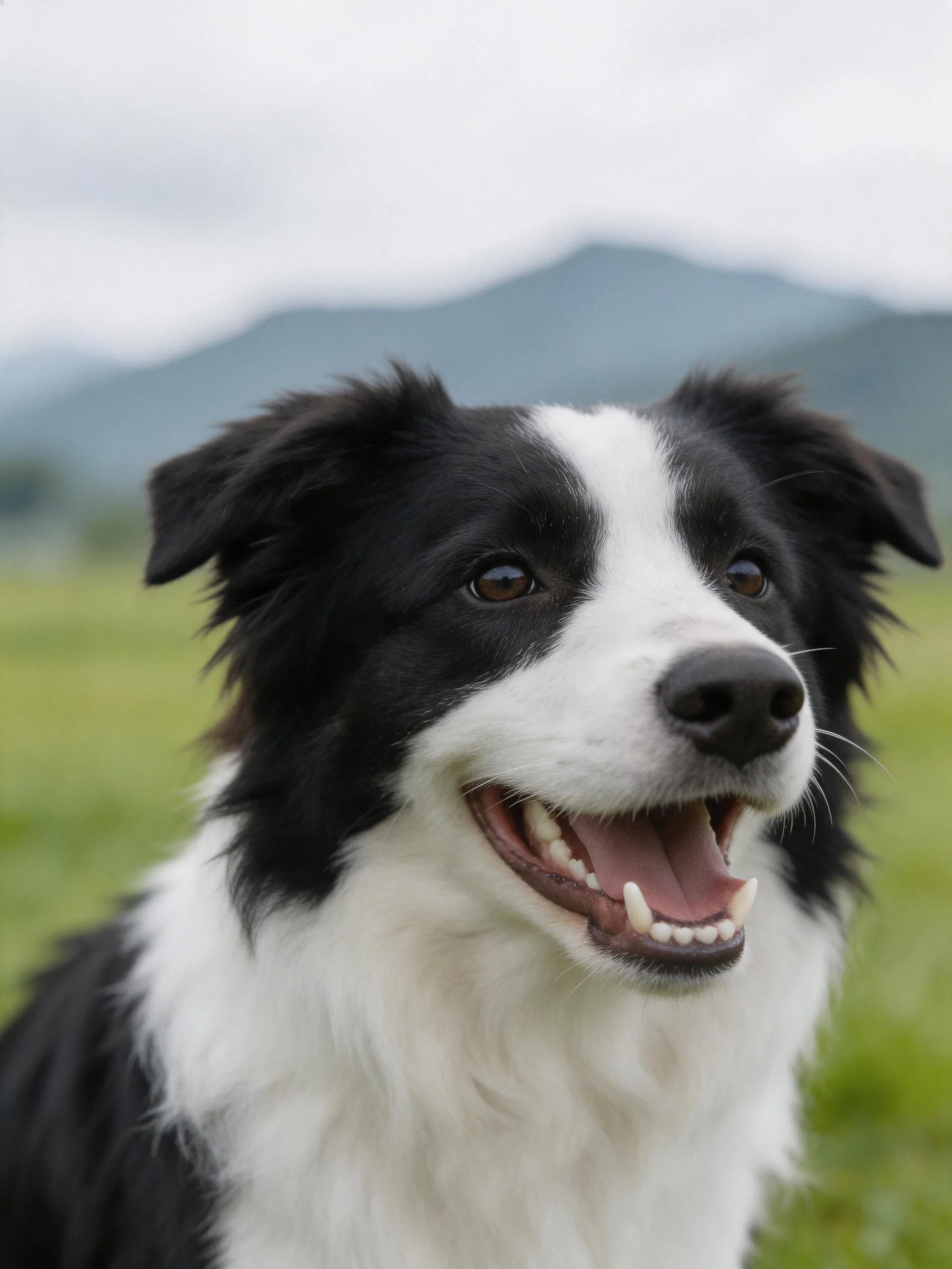 A black and white Border Collie smiles happily in a mountainous outdoor setting.