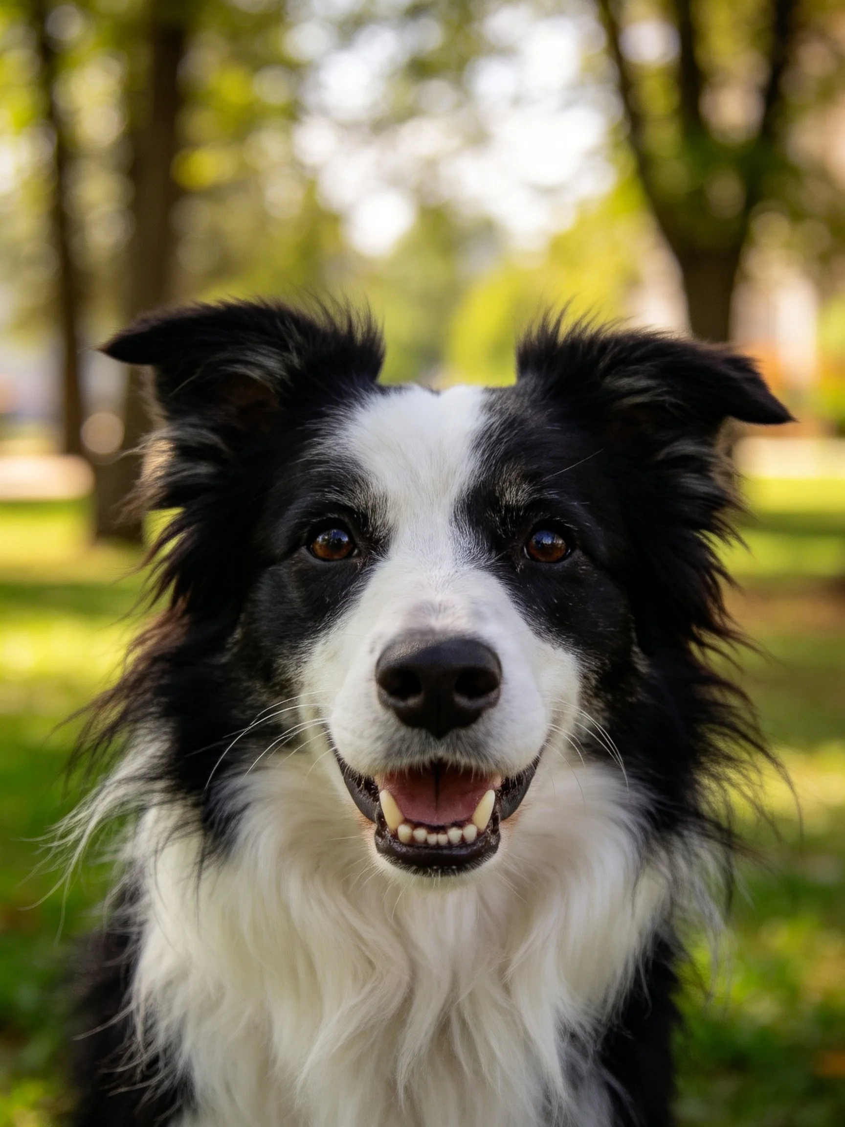 A black and white Border Collie smiles happily in an outdoor park setting.