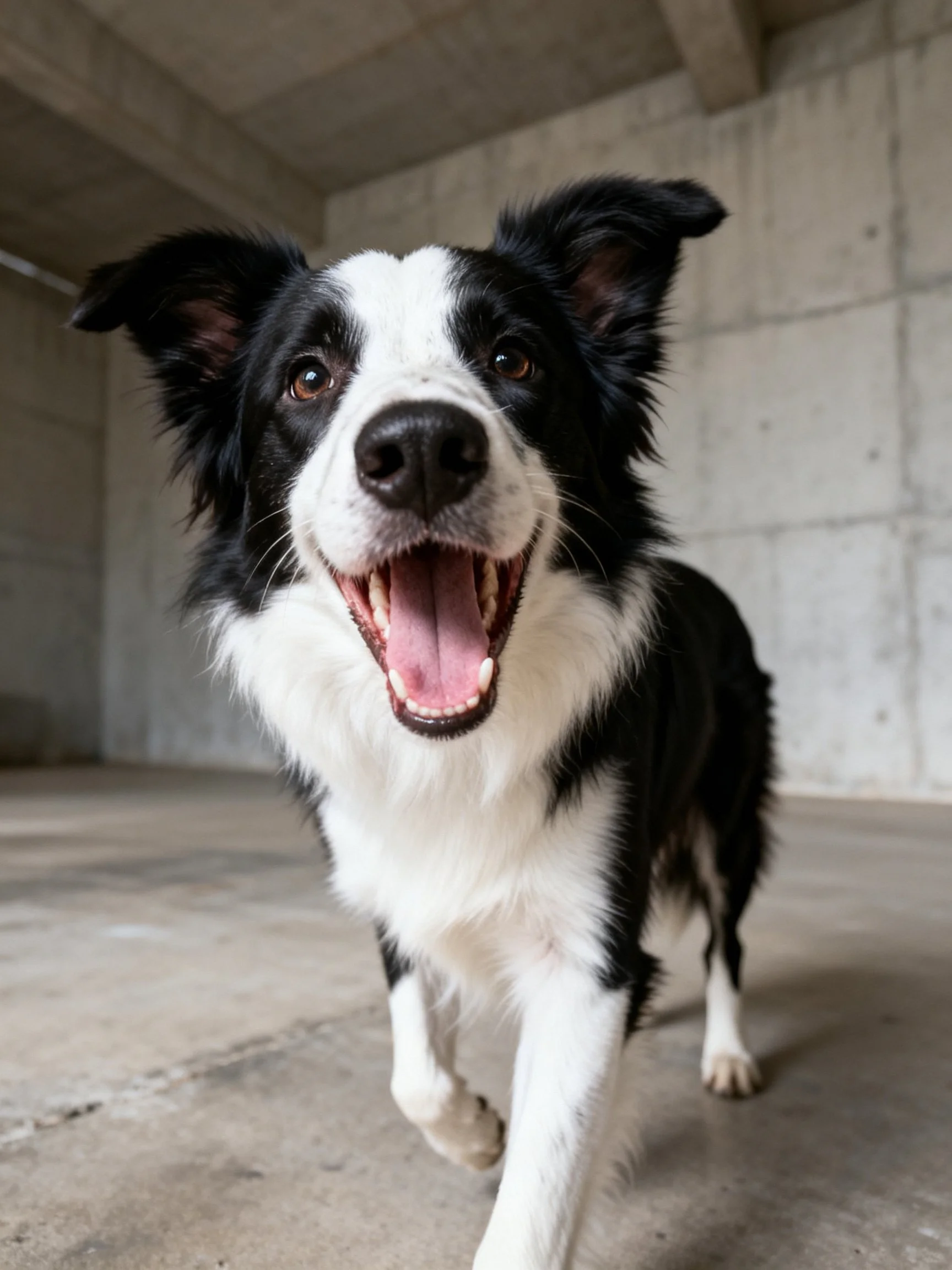 A cheerful black and white Border Collie stands in an unfinished concrete area.
