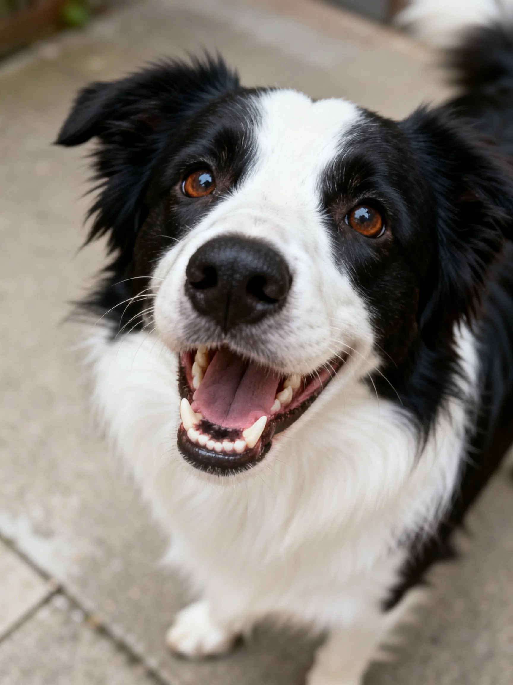 A cheerful black and white Border Collie gazes upward with its mouth open.