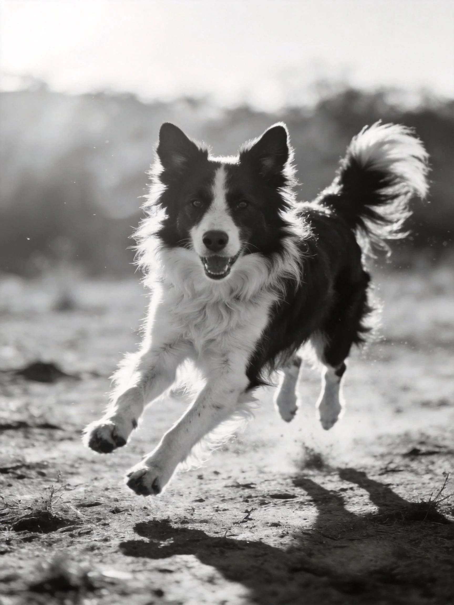 A black and white Border Collie runs energetically in an outdoor sandy area.