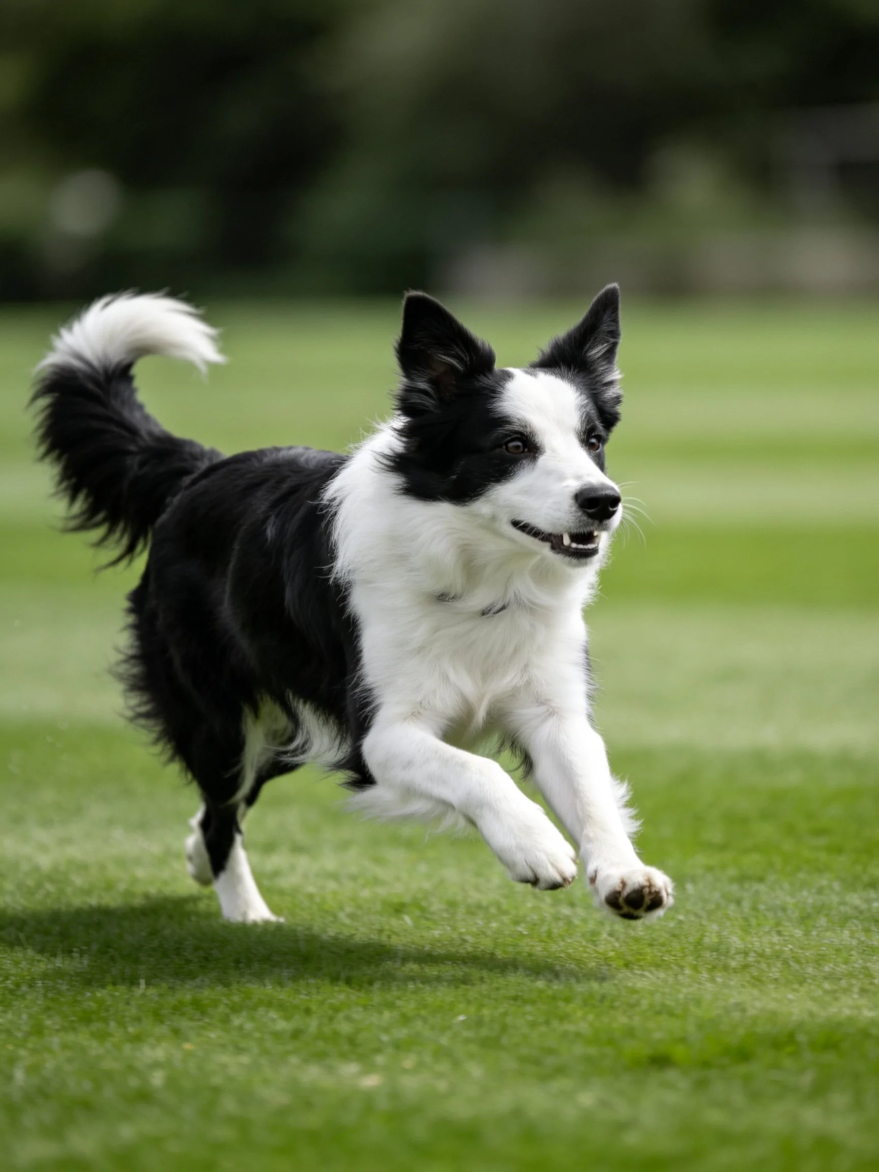 A black and white Border Collie runs energetically on a well-maintained lawn.