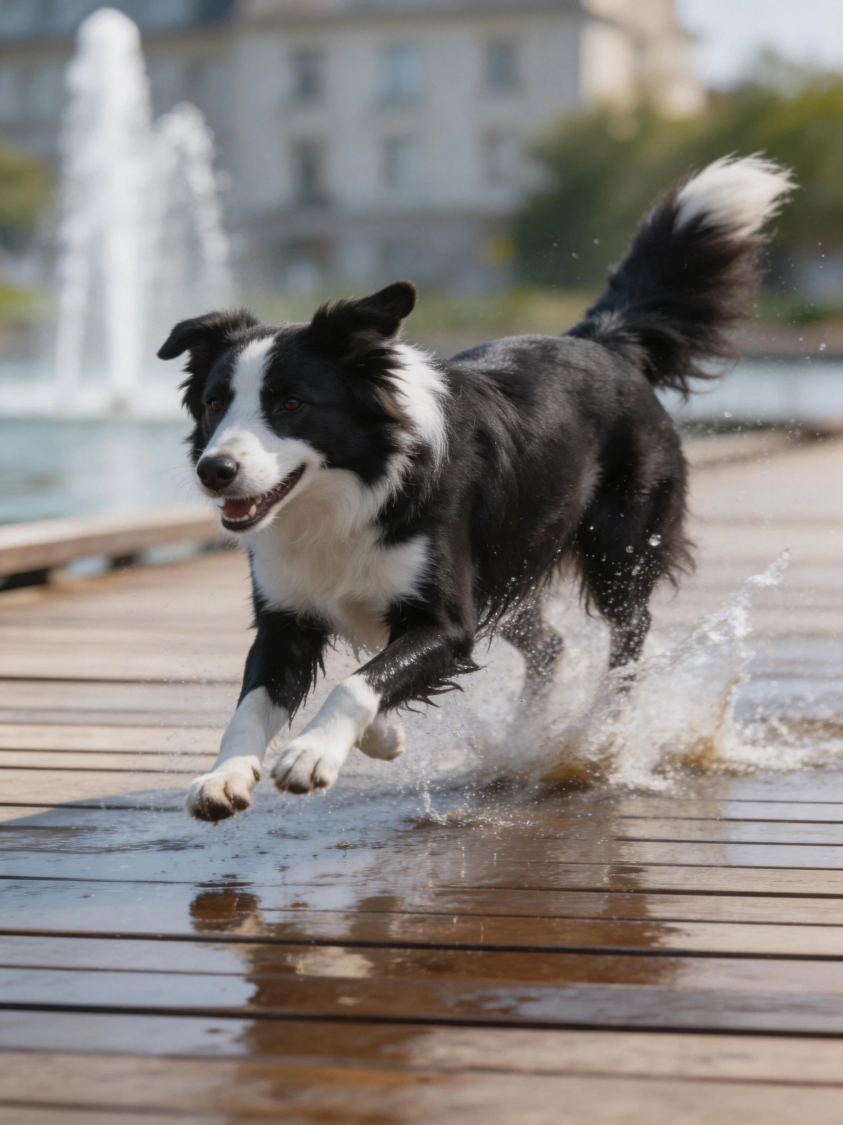 A black and white Border Collie runs energetically through splashing water on a wooden boardwalk.