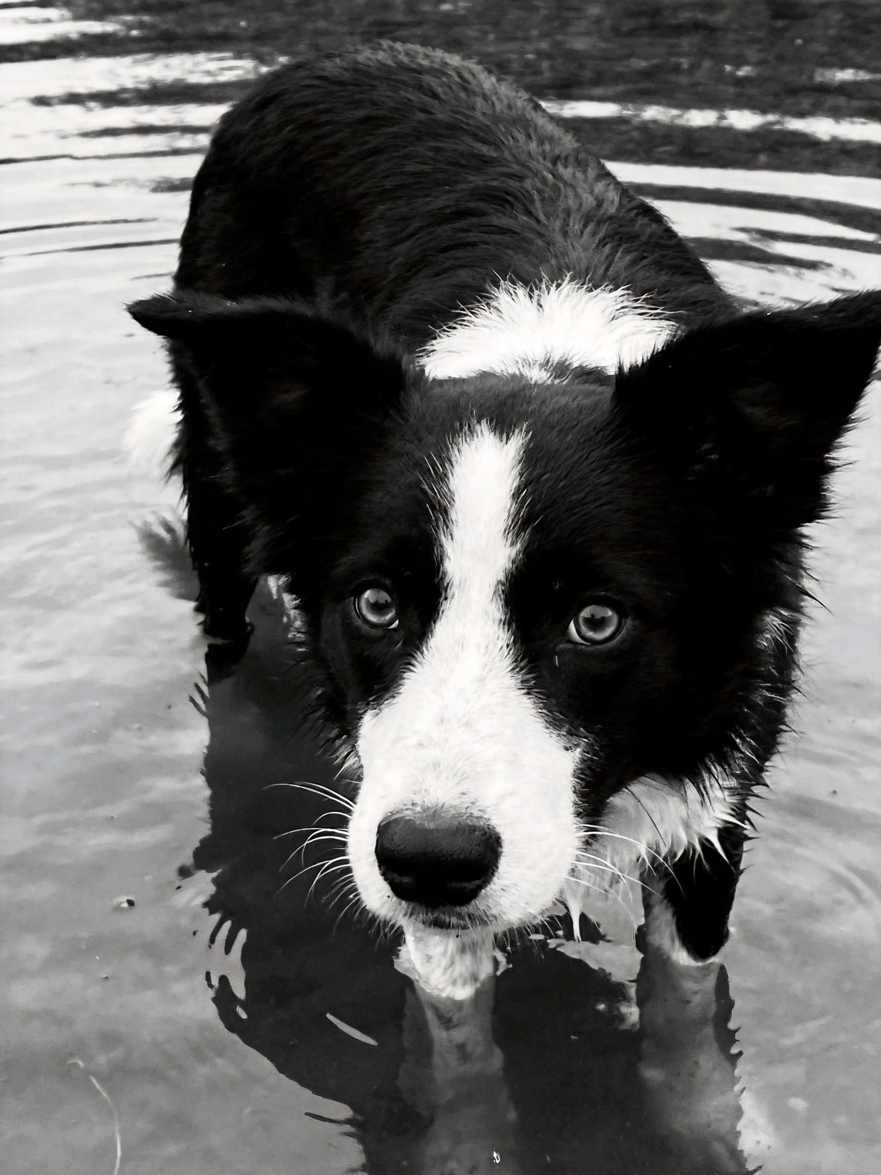 A black and white Border Collie stands in shallow water, gazing directly at the camera.