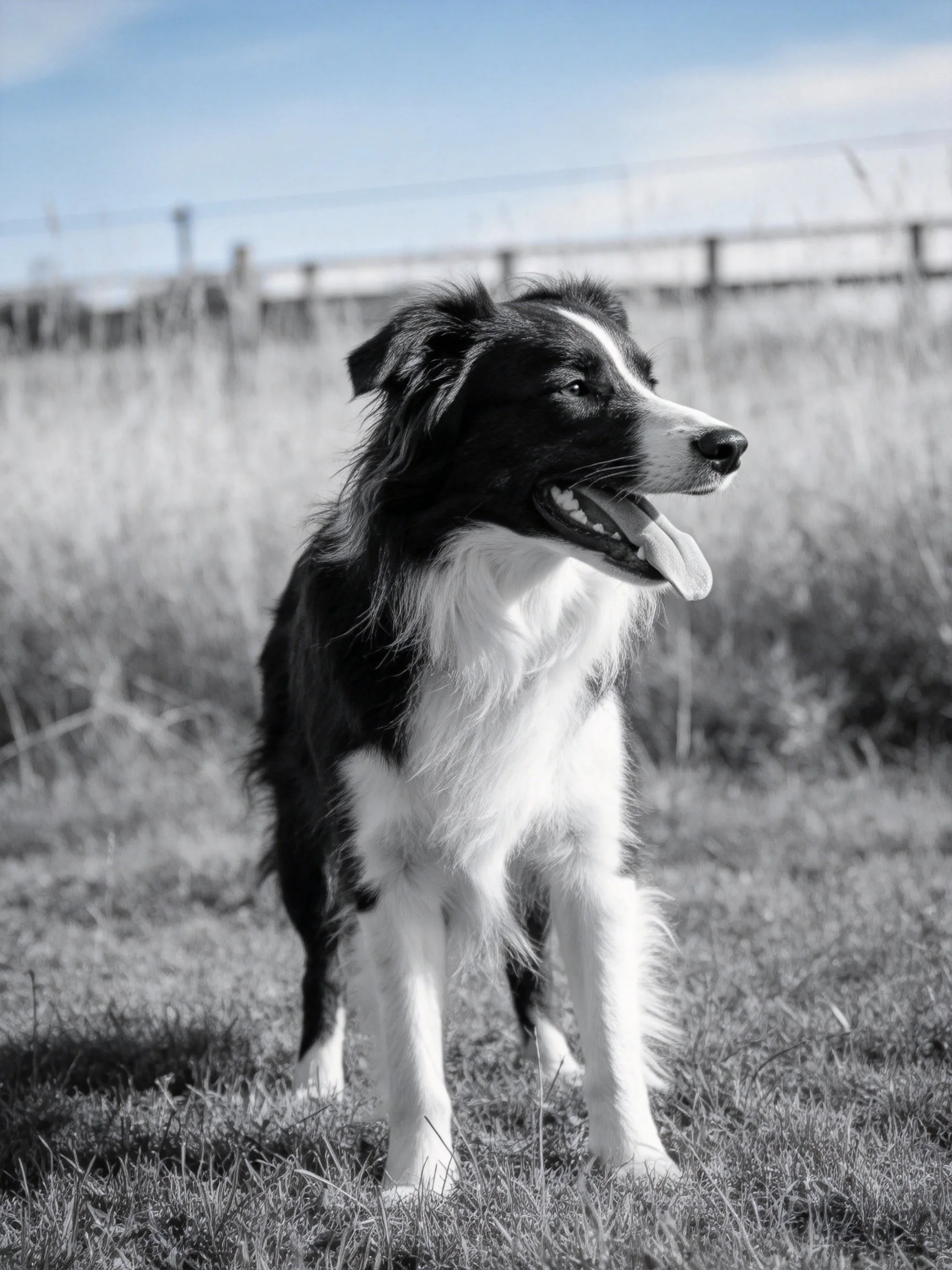 A black and white Border Collie stands on grass with a fence in the background.
