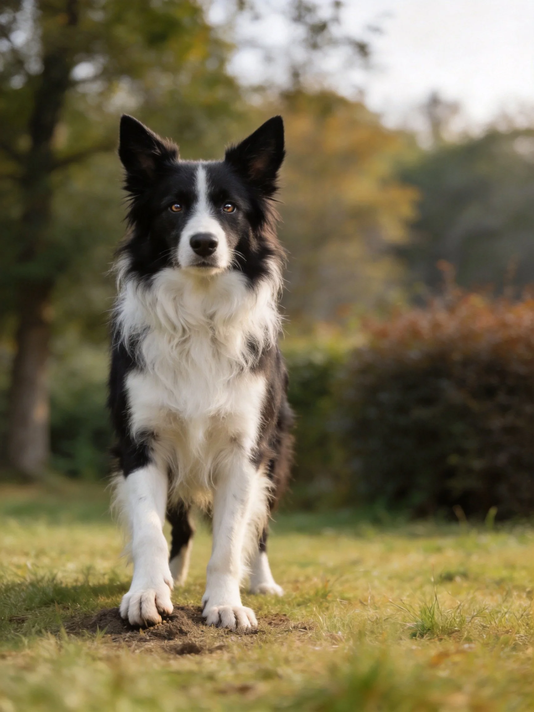 A black and white Border Collie stands alert on sunlit grass near trees and shrubs.