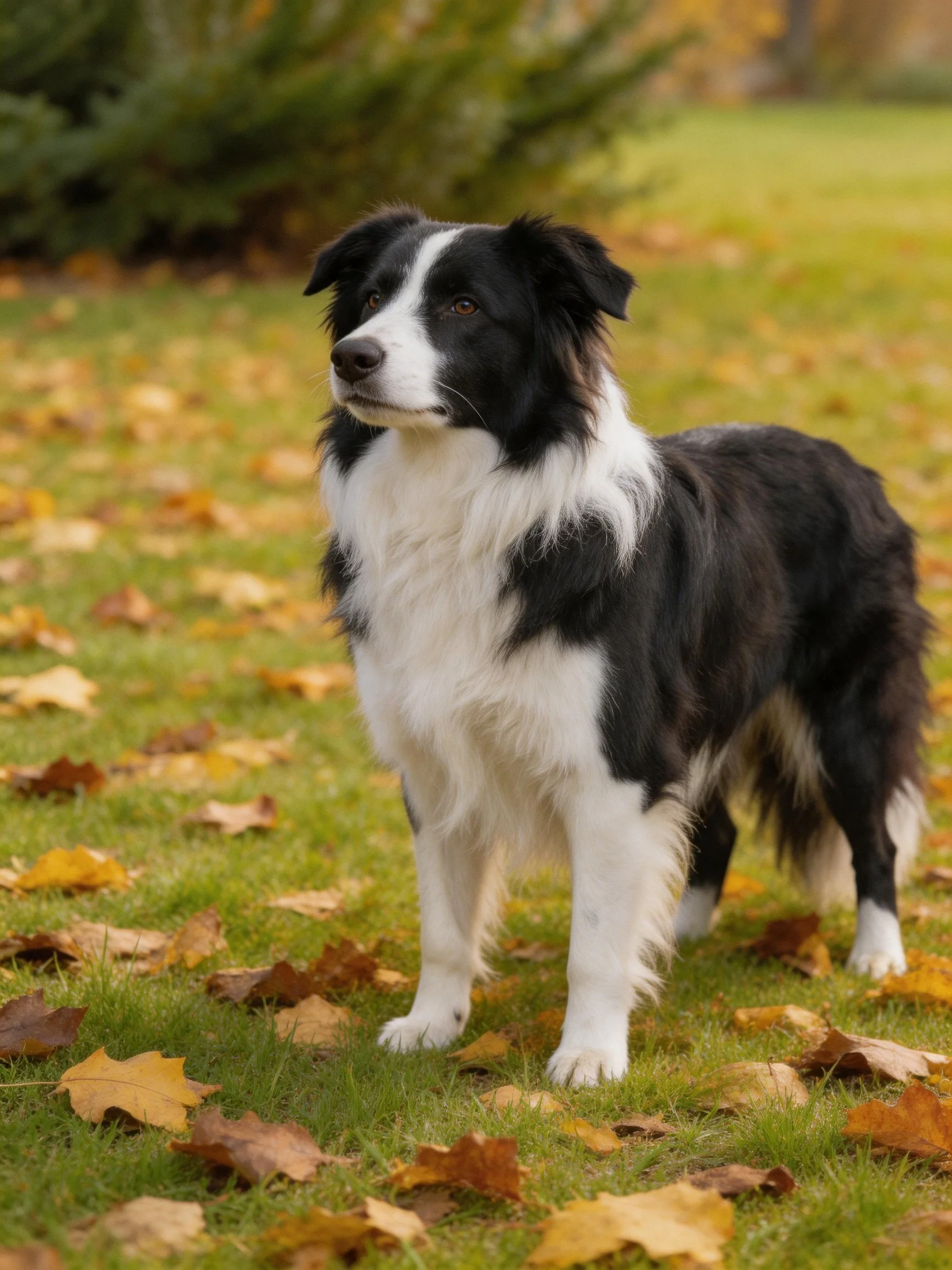 A black and white Border Collie stands on a leaf-covered lawn.