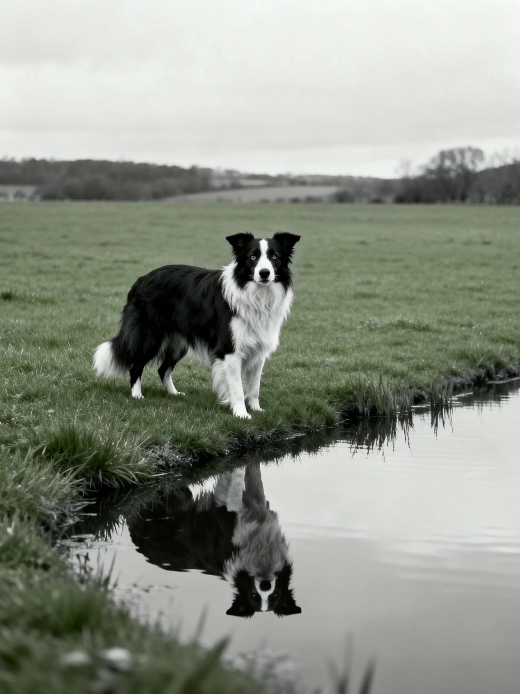 A black and white Border Collie stands near a calm water body reflecting its form in a green field.