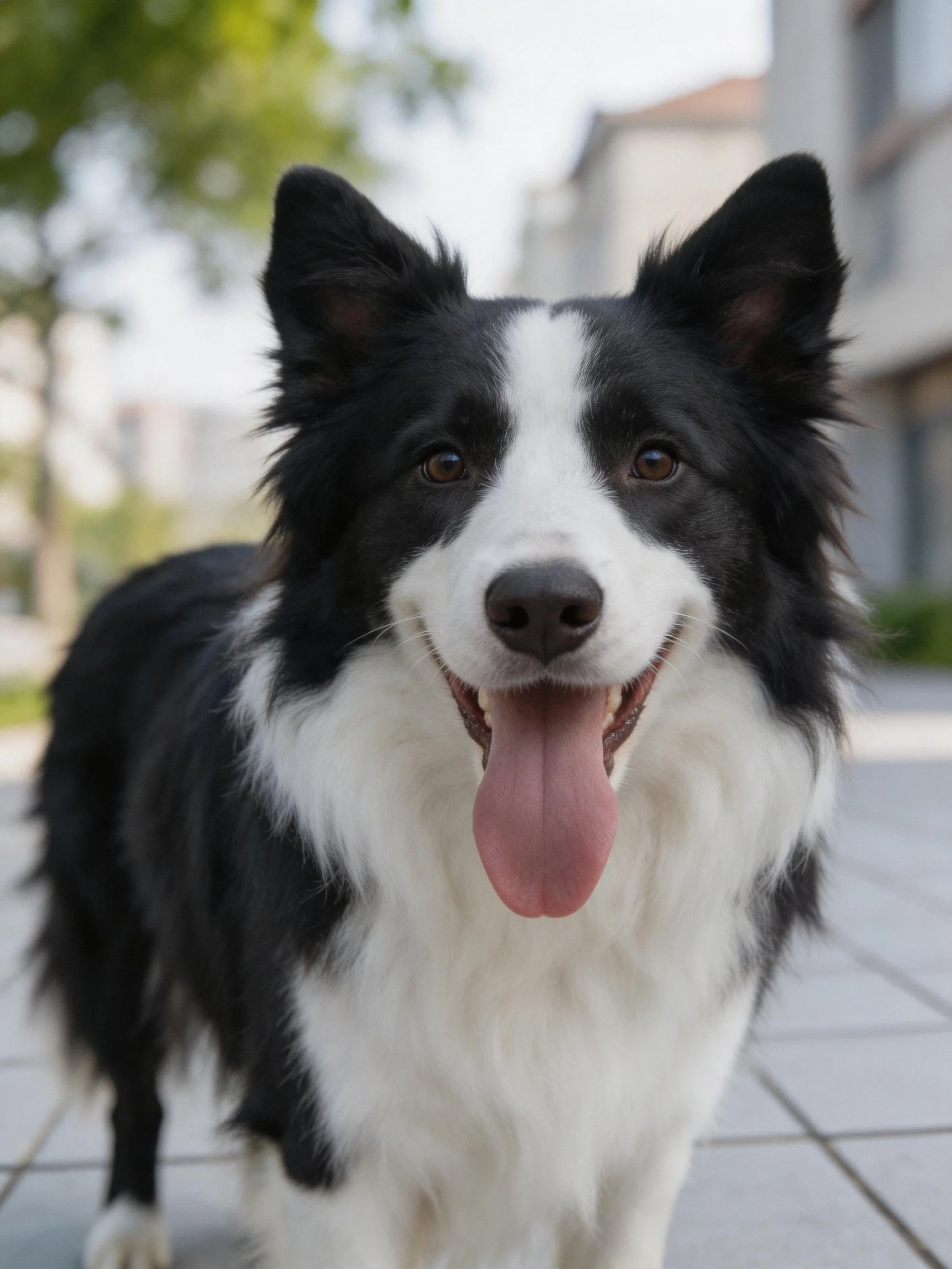 A black and white Border Collie appears joyful with its tongue out in an outdoor setting.