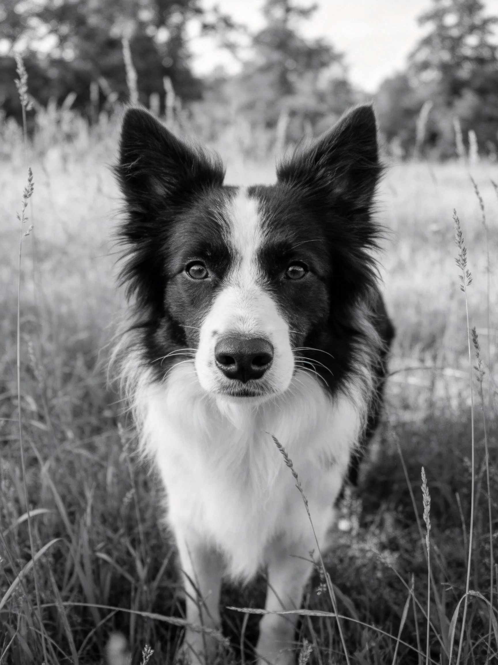 A black and white Border Collie stands in a grassy field with trees in the distance.