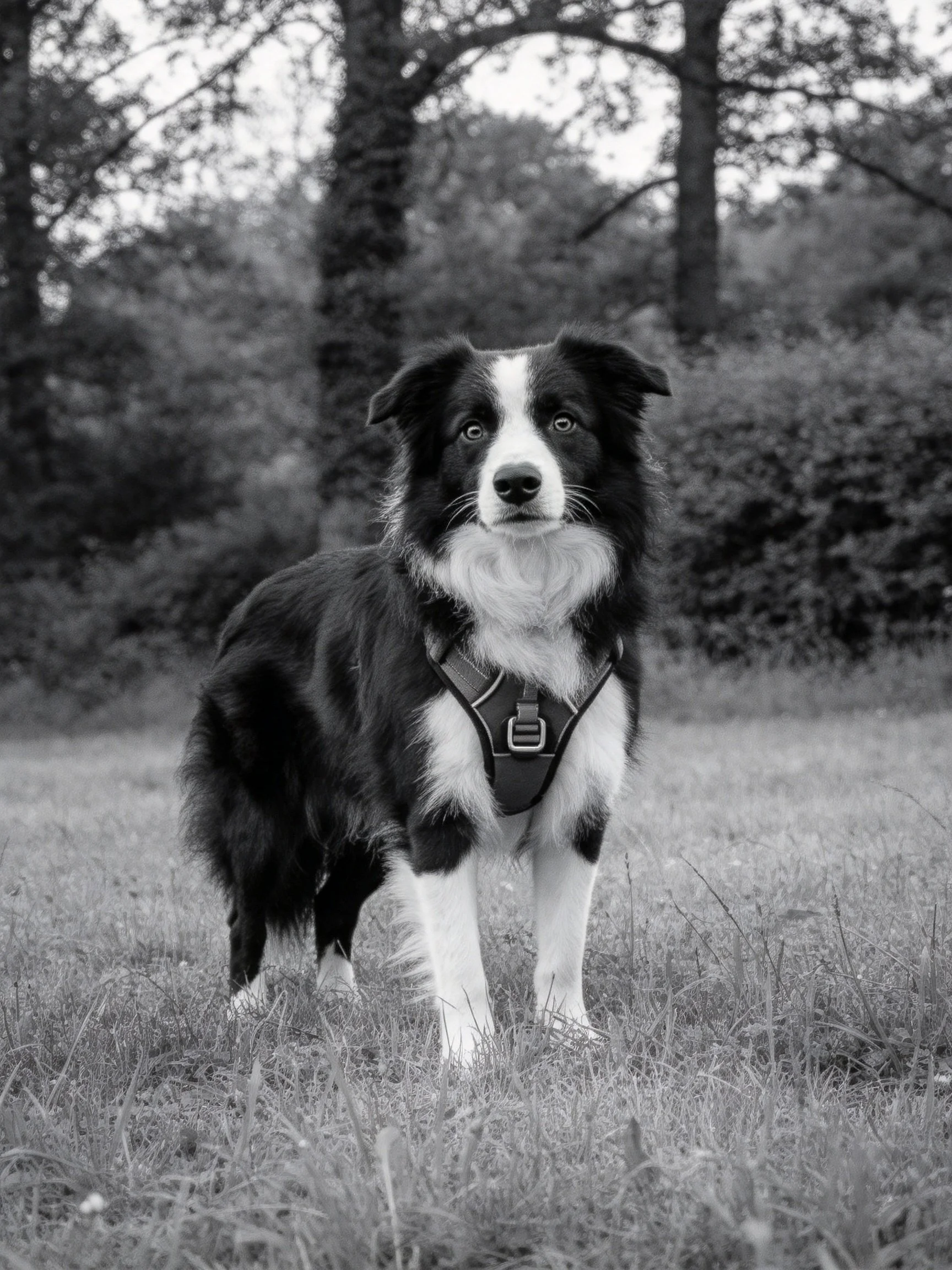 A black and white dog stands attentively in a grassy area with trees